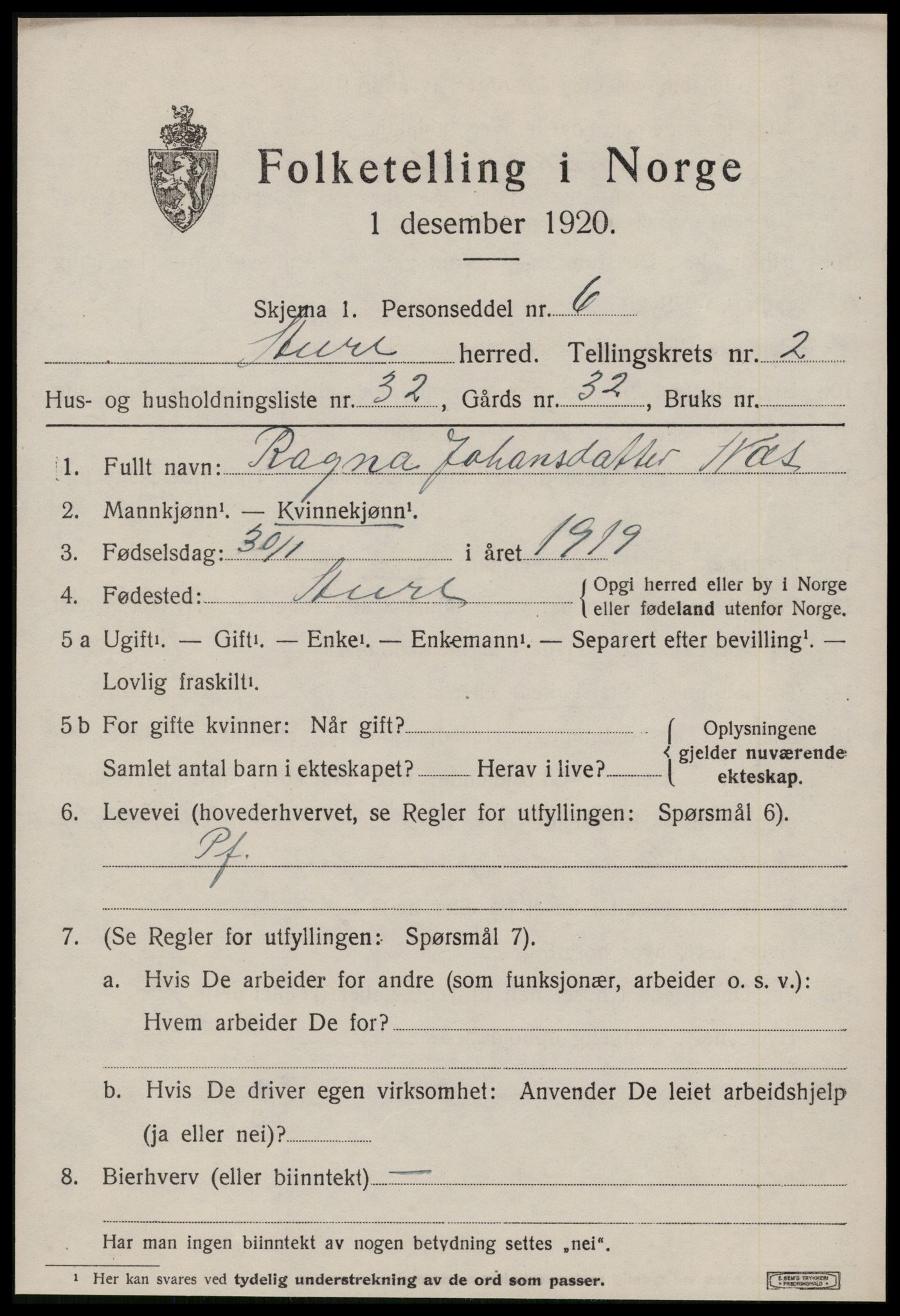 SAT, 1920 census for Aure, 1920, p. 1500