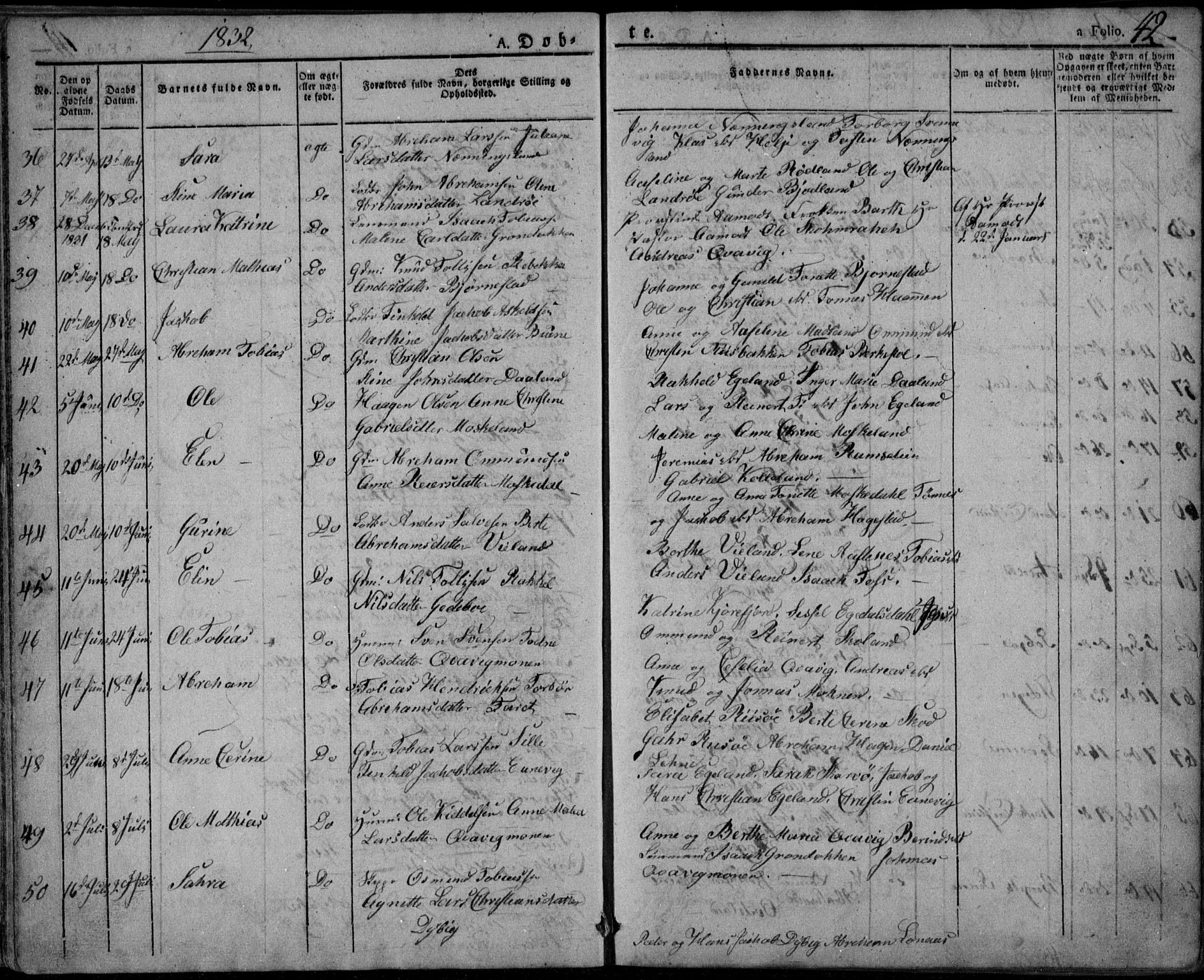 Lyngdal sokneprestkontor, AV/SAK-1111-0029/F/Fa/Fac/L0007: Parish register (official) no. A 7, 1825-1838, p. 42