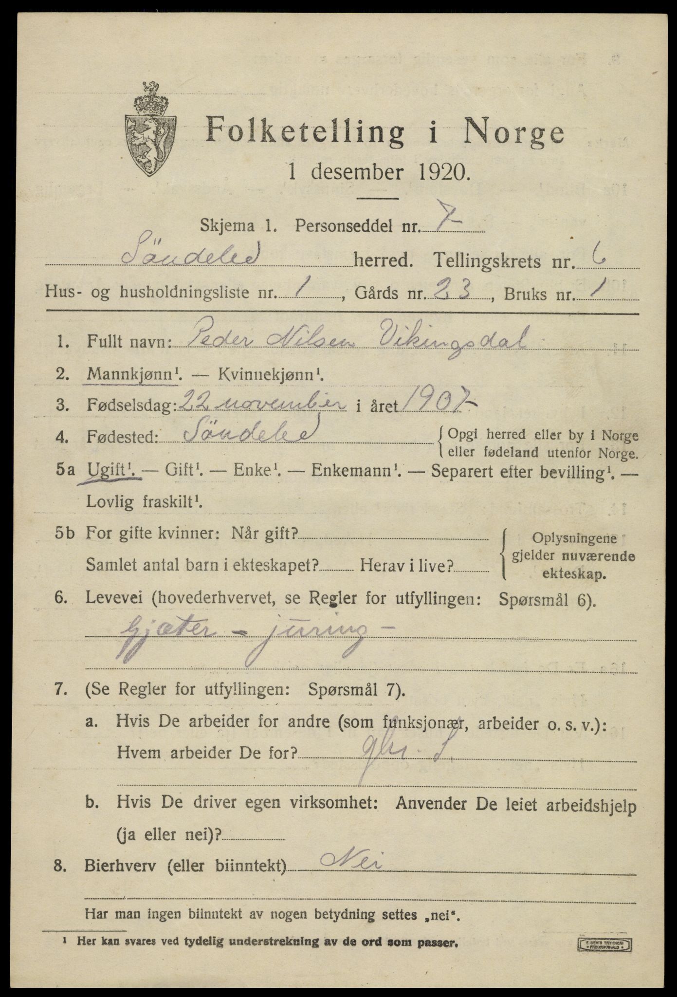 SAK, 1920 census for Søndeled, 1920, p. 3707