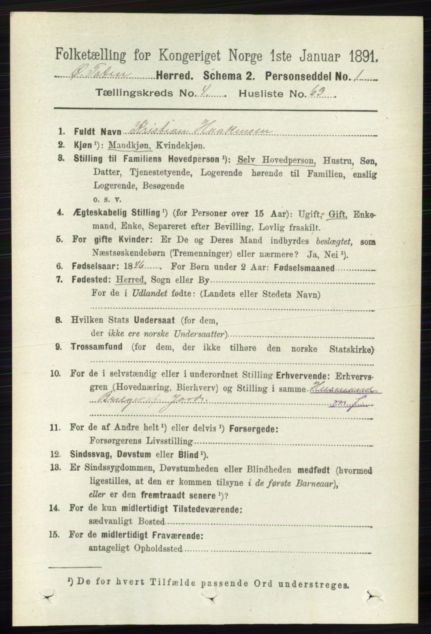 RA, 1891 census for 0528 Østre Toten, 1891, p. 2737