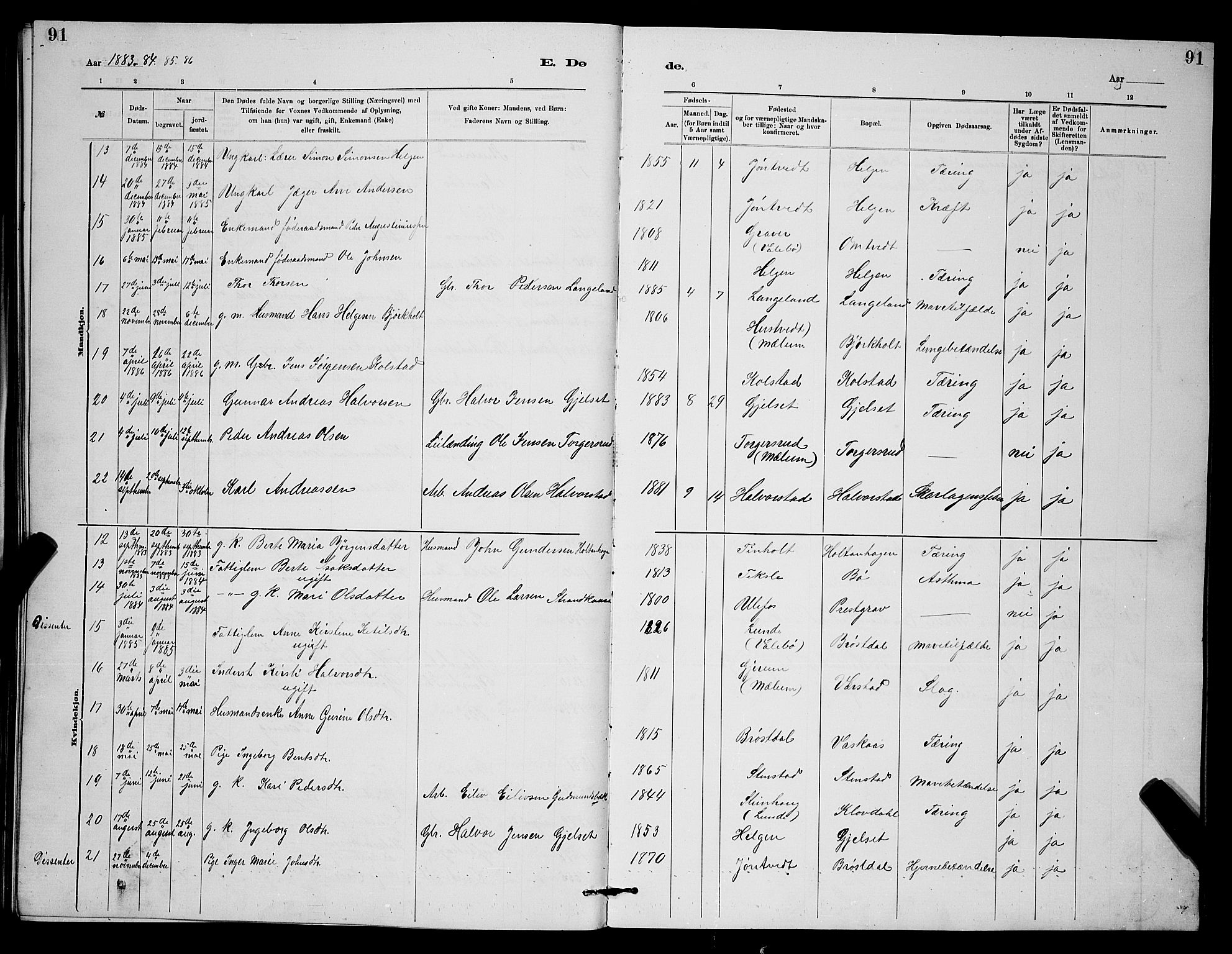 Holla kirkebøker, SAKO/A-272/G/Gb/L0001: Parish register (copy) no. II 1, 1882-1897, p. 91