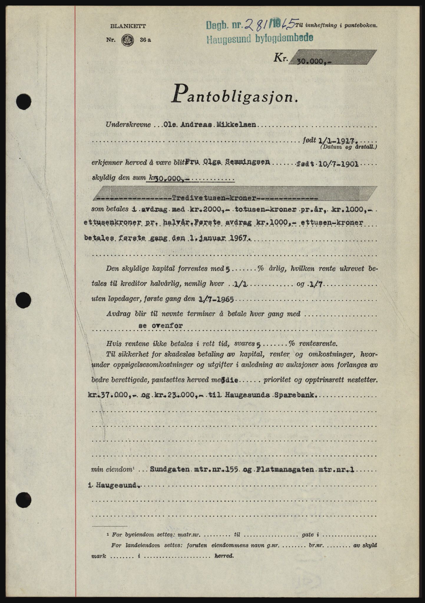 Haugesund tingrett, SAST/A-101415/01/II/IIC/L0053: Mortgage book no. B 53, 1965-1965, Diary no: : 281/1965