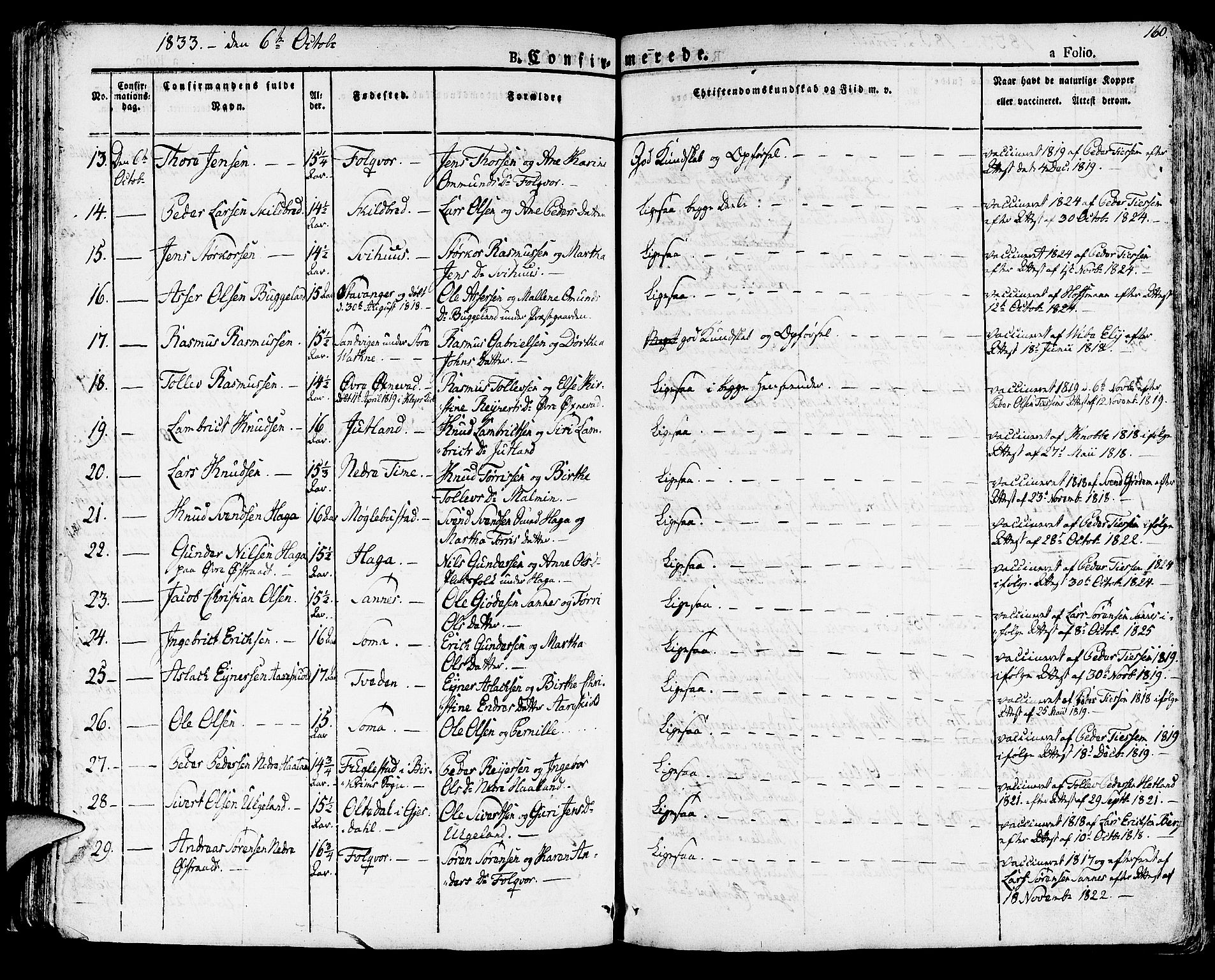 Høyland sokneprestkontor, AV/SAST-A-101799/001/30BA/L0007: Parish register (official) no. A 7 /1, 1825-1841, p. 160