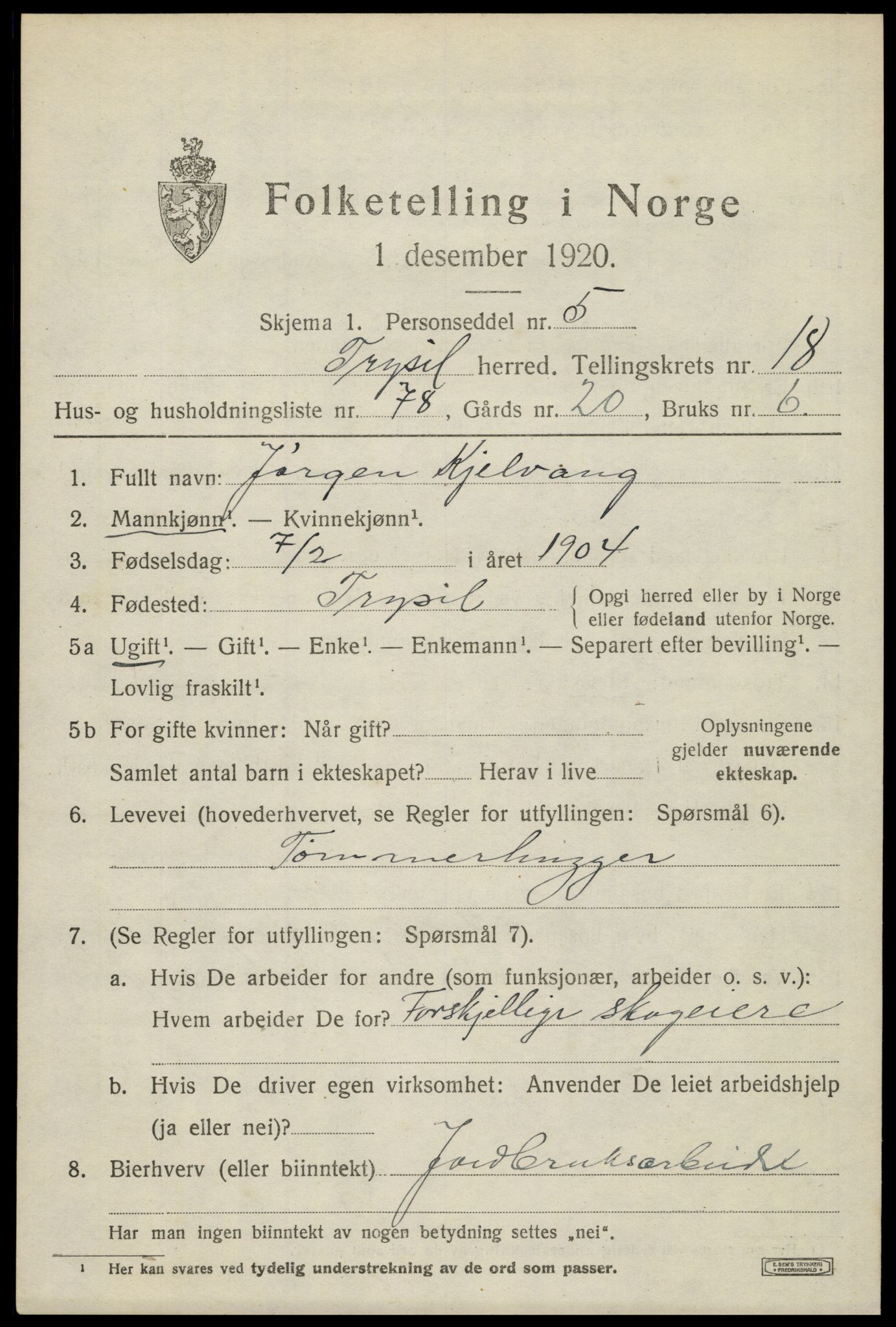SAH, 1920 census for Trysil, 1920, p. 12703