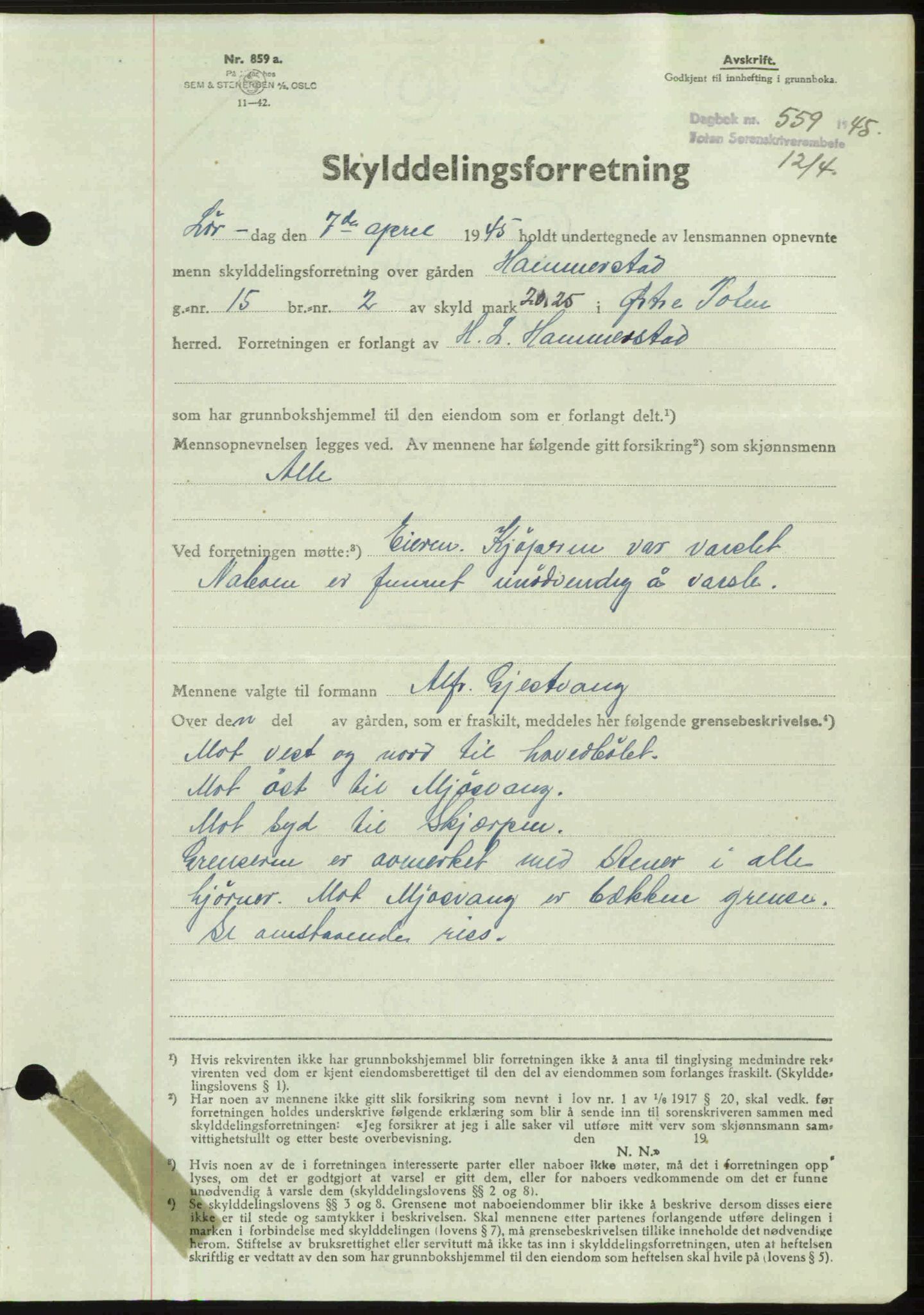 Toten tingrett, AV/SAH-TING-006/H/Hb/Hbc/L0013: Mortgage book no. Hbc-13, 1945-1945, Diary no: : 559/1945