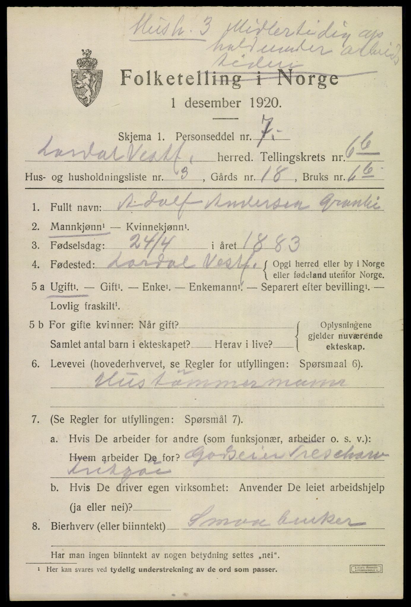 SAKO, 1920 census for Lardal, 1920, p. 5851