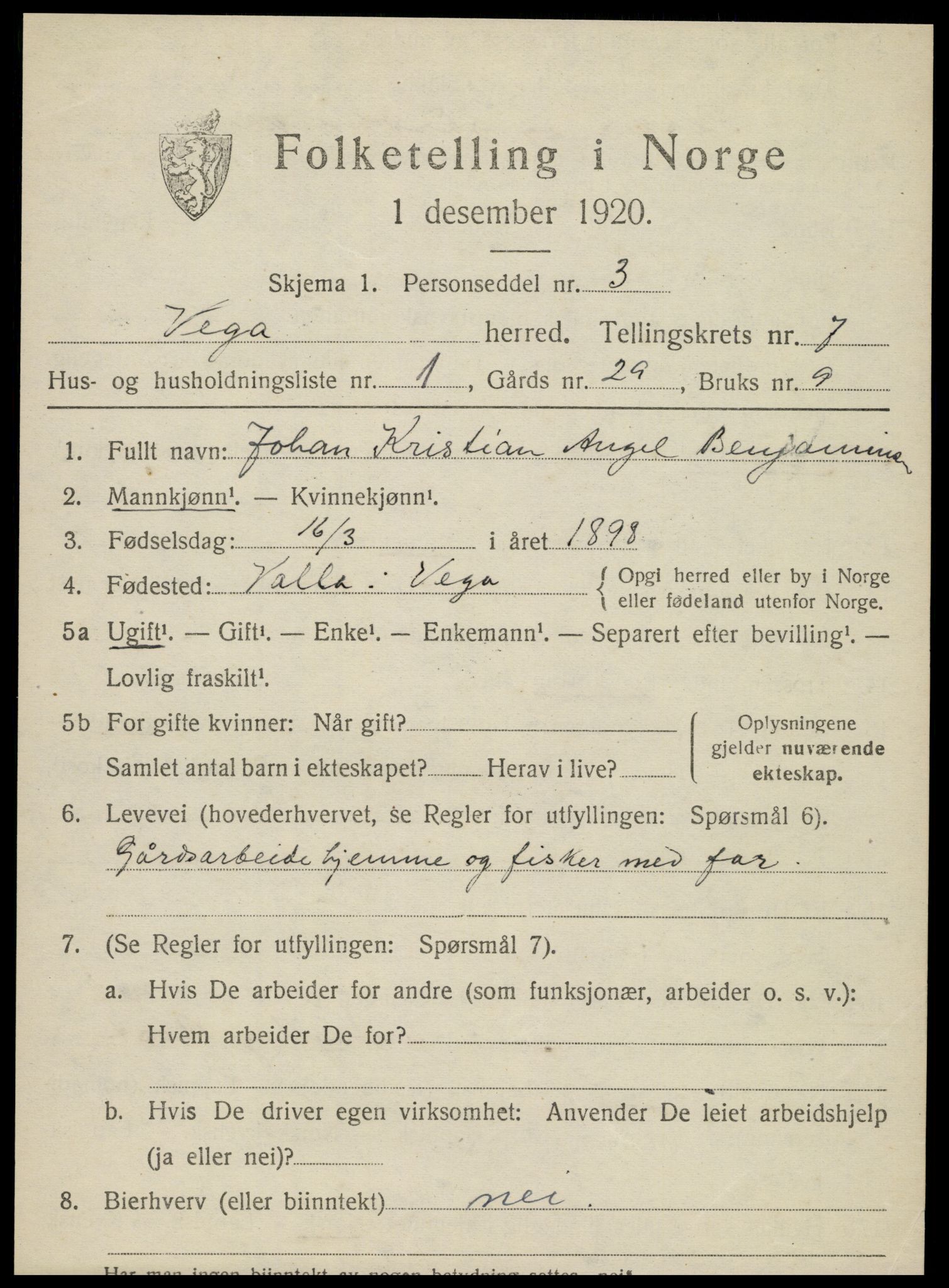 SAT, 1920 census for Vega, 1920, p. 3415