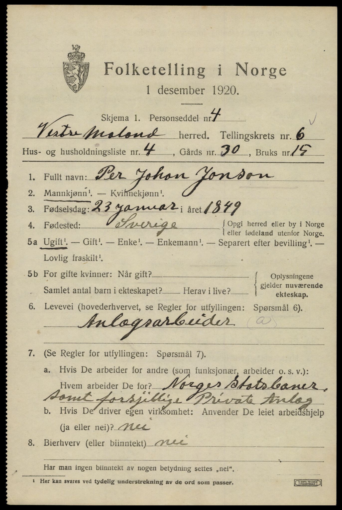 SAK, 1920 census for Vestre Moland, 1920, p. 4627