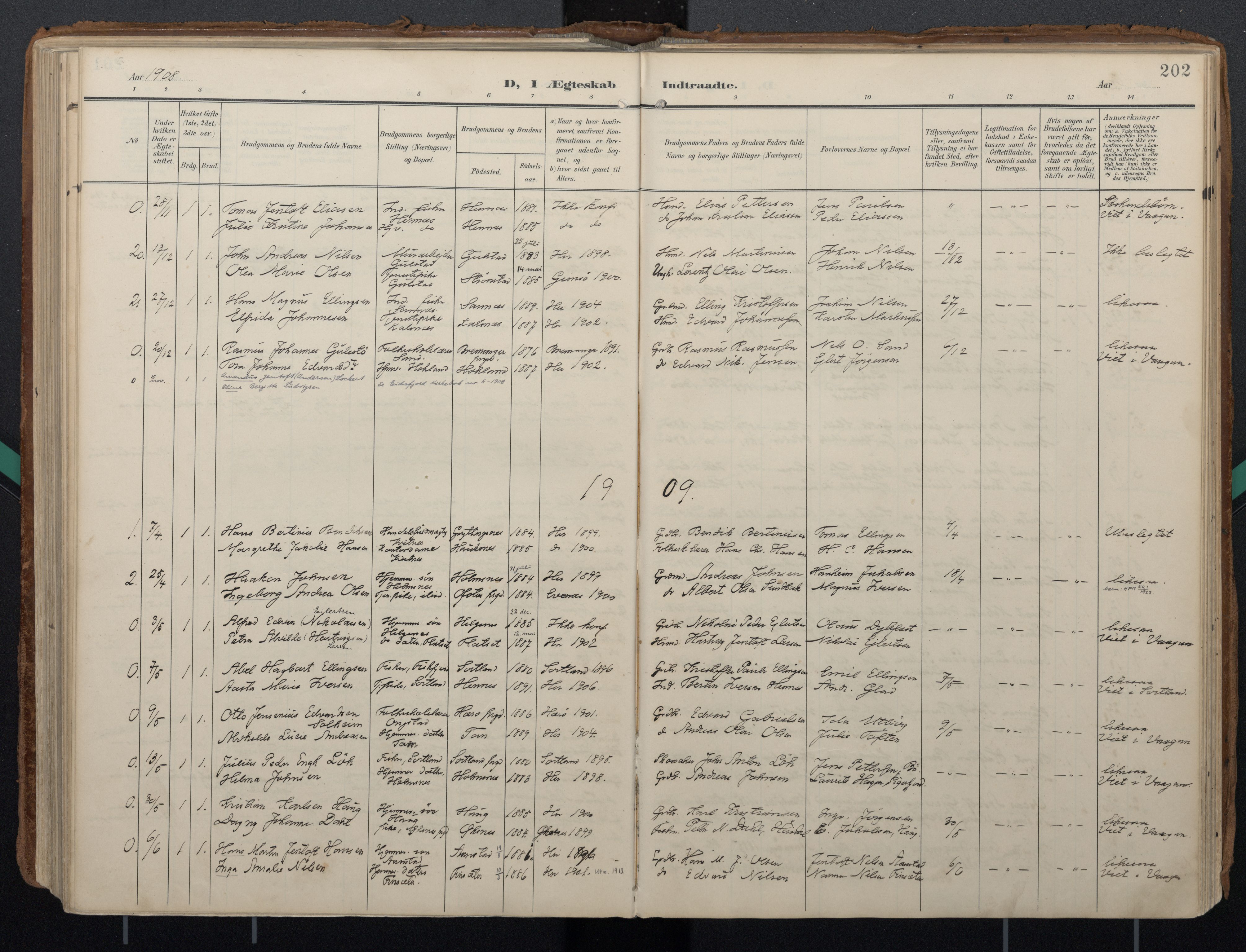 Ministerialprotokoller, klokkerbøker og fødselsregistre - Nordland, AV/SAT-A-1459/888/L1248: Parish register (official) no. 888A14, 1904-1913, p. 202