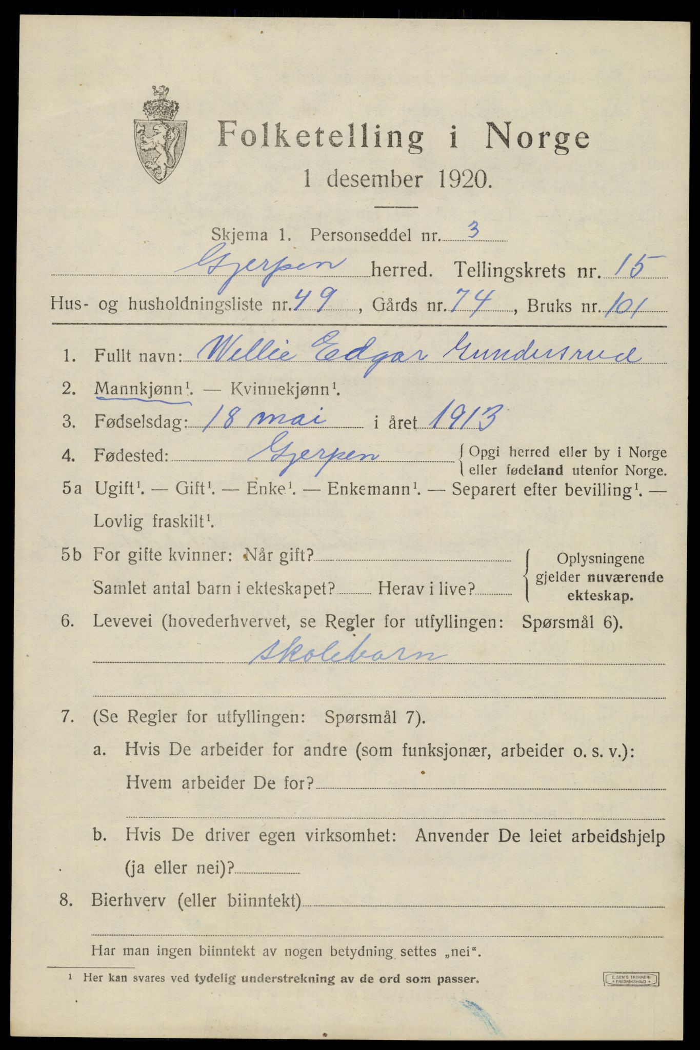 SAKO, 1920 census for Gjerpen, 1920, p. 17838