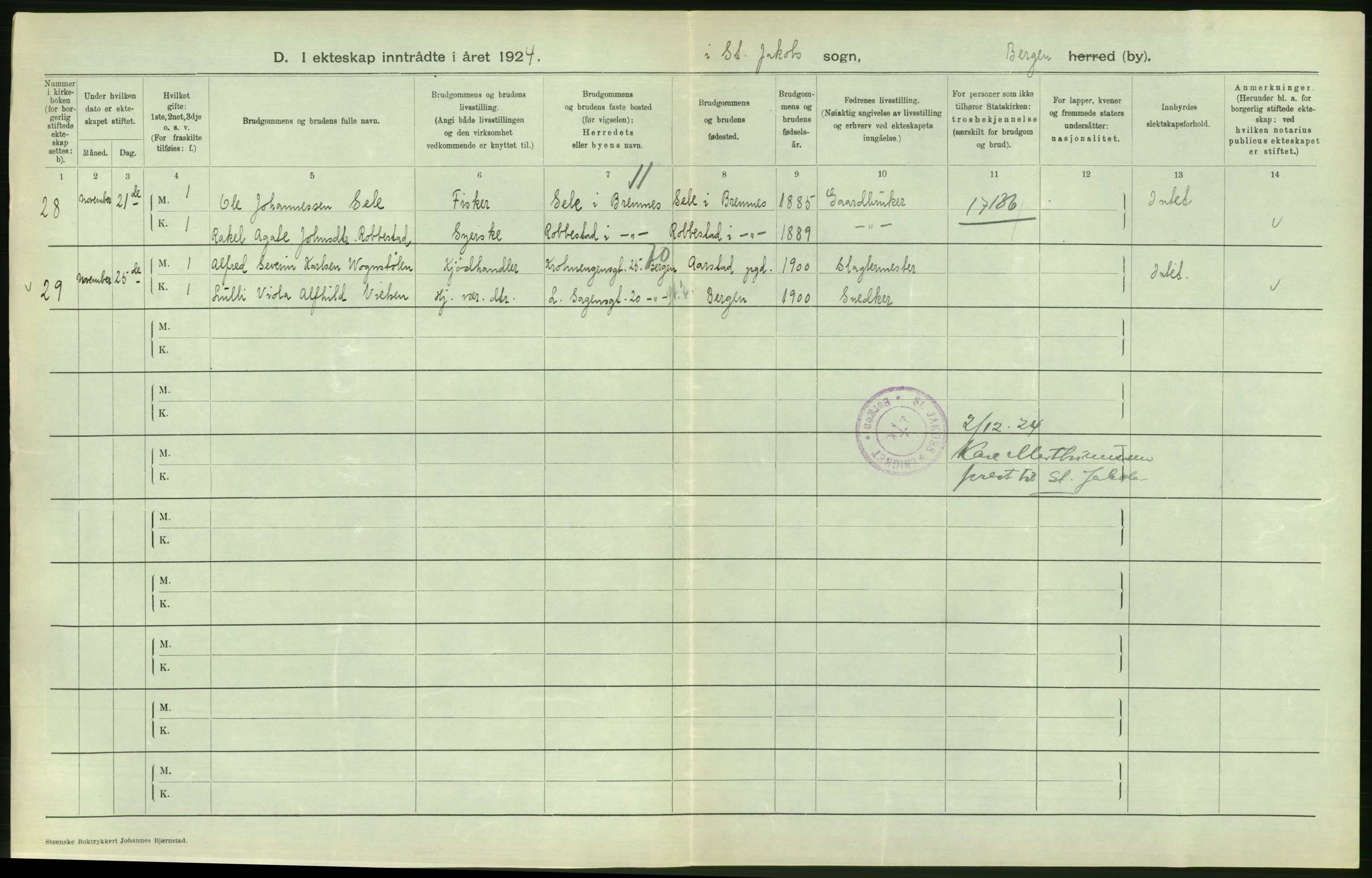 Statistisk sentralbyrå, Sosiodemografiske emner, Befolkning, RA/S-2228/D/Df/Dfc/Dfcd/L0028: Bergen: Gifte, døde., 1924, p. 304