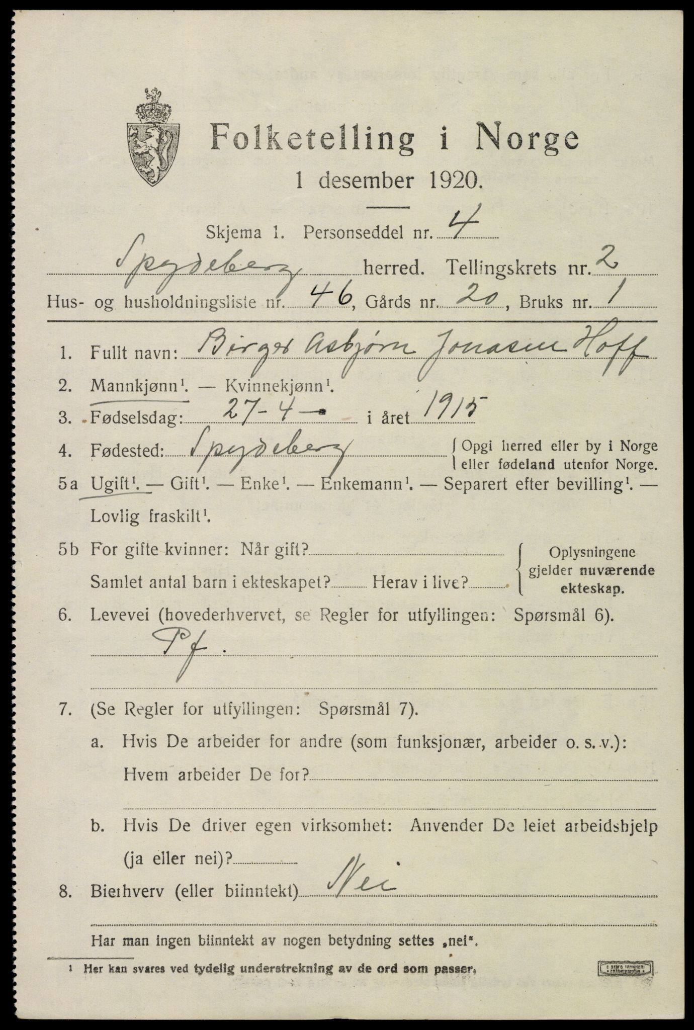 SAO, 1920 census for Spydeberg, 1920, p. 3441