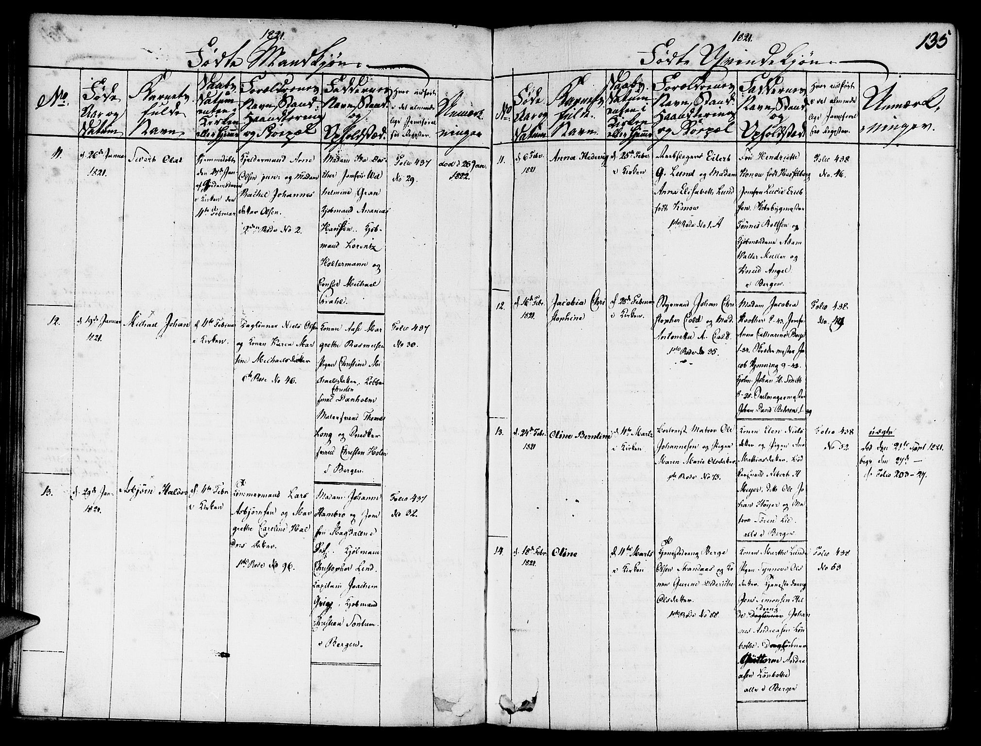 Nykirken Sokneprestembete, SAB/A-77101/H/Haa/L0011: Parish register (official) no. A 11, 1816-1821, p. 135
