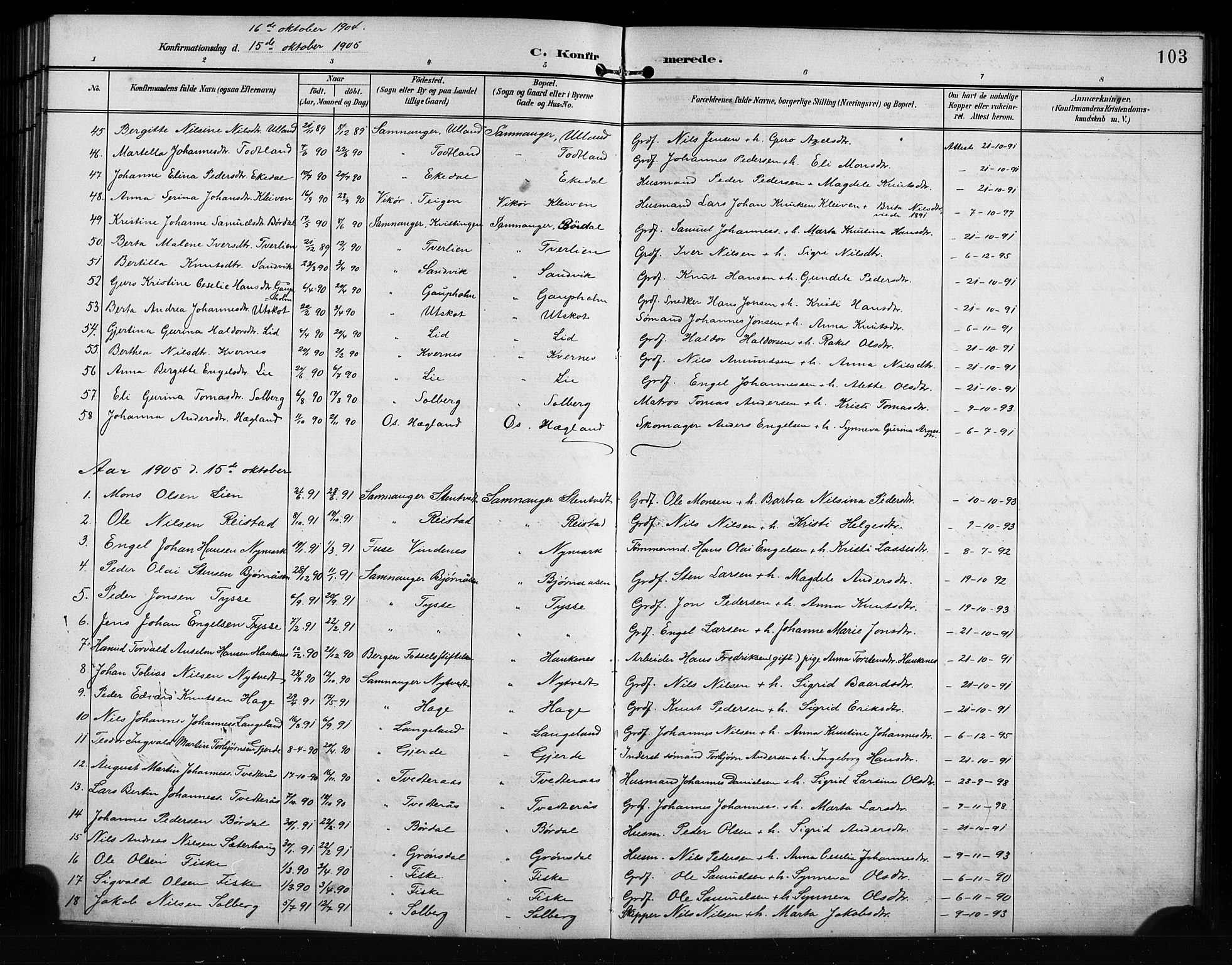 Samnanger Sokneprestembete, SAB/A-77501/H/Hab: Parish register (copy) no. A 3, 1898-1914, p. 103
