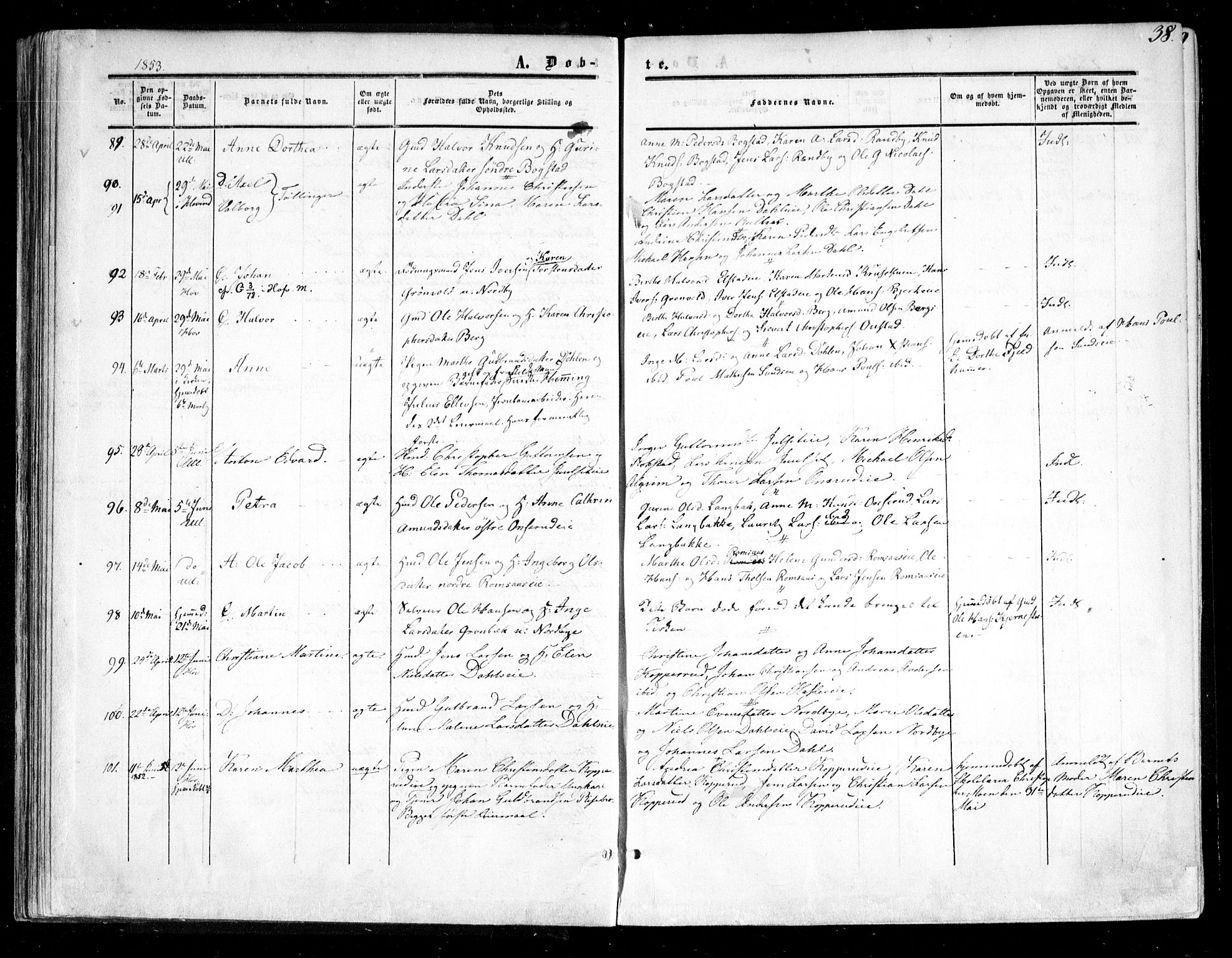 Ullensaker prestekontor Kirkebøker, AV/SAO-A-10236a/F/Fa/L0015.a: Parish register (official) no. I 15A, 1851-1862, p. 38