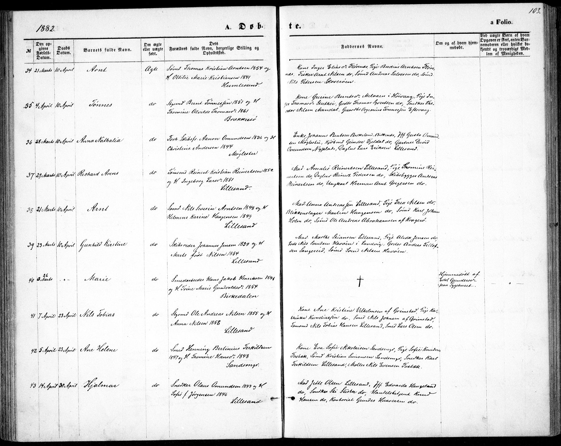 Vestre Moland sokneprestkontor, SAK/1111-0046/F/Fb/Fbb/L0005: Parish register (copy) no. B 5, 1872-1883, p. 103