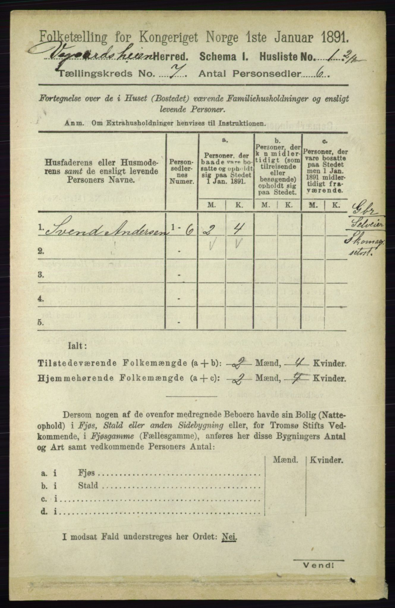 RA, 1891 census for 0912 Vegårshei, 1891, p. 1311