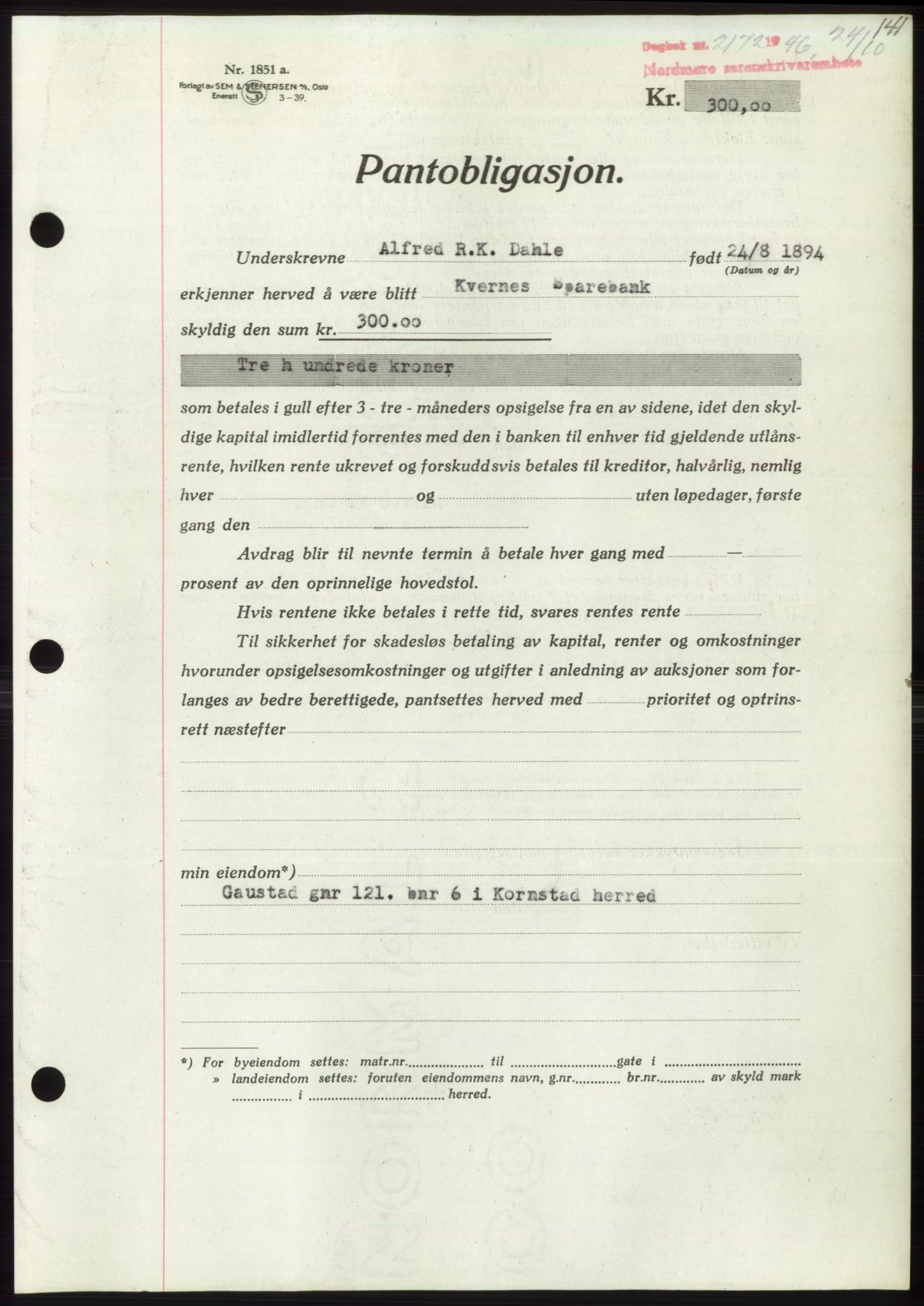 Nordmøre sorenskriveri, AV/SAT-A-4132/1/2/2Ca: Mortgage book no. B95, 1946-1947, Diary no: : 2172/1946