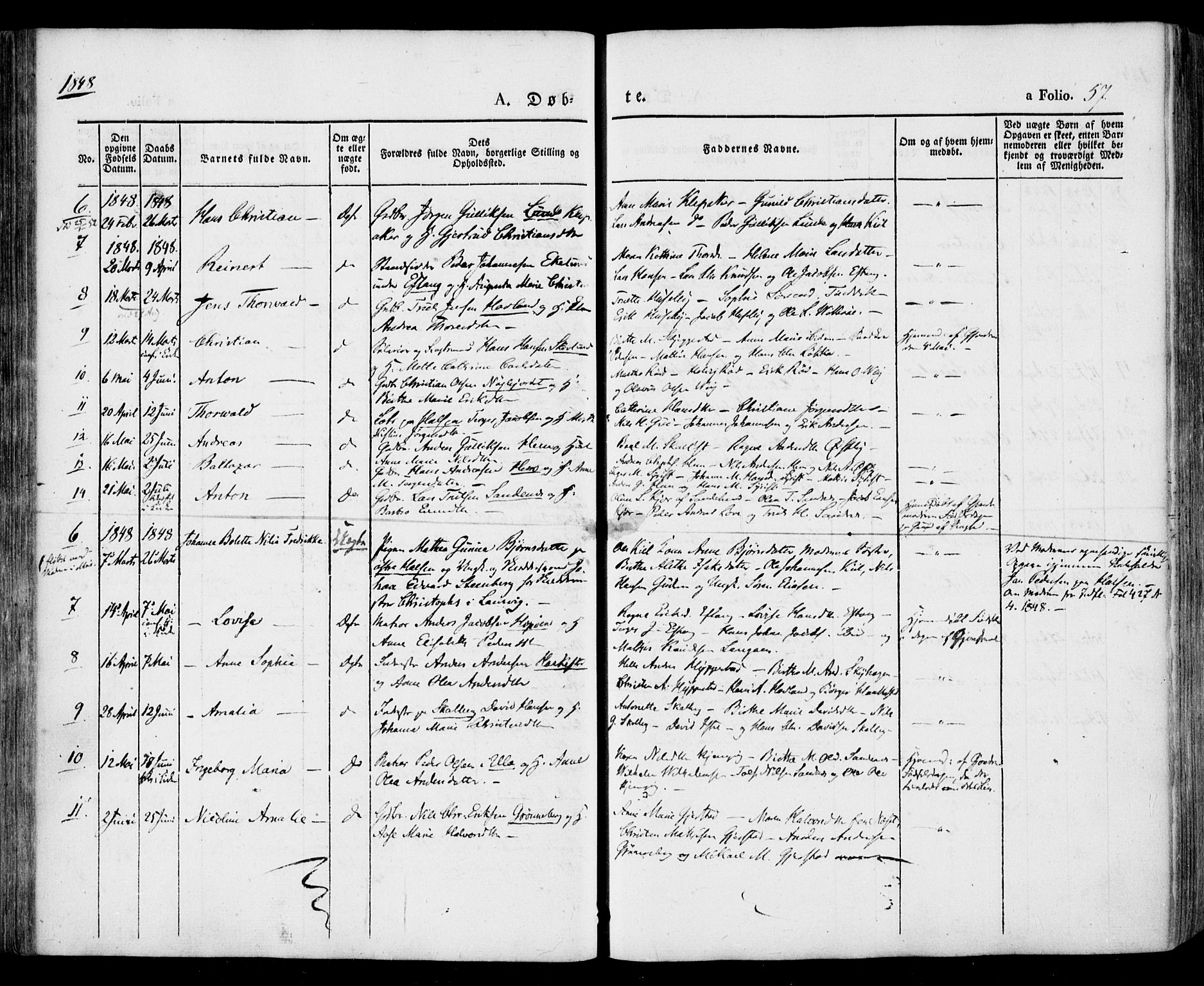 Tjølling kirkebøker, SAKO/A-60/F/Fa/L0006: Parish register (official) no. 6, 1835-1859, p. 57