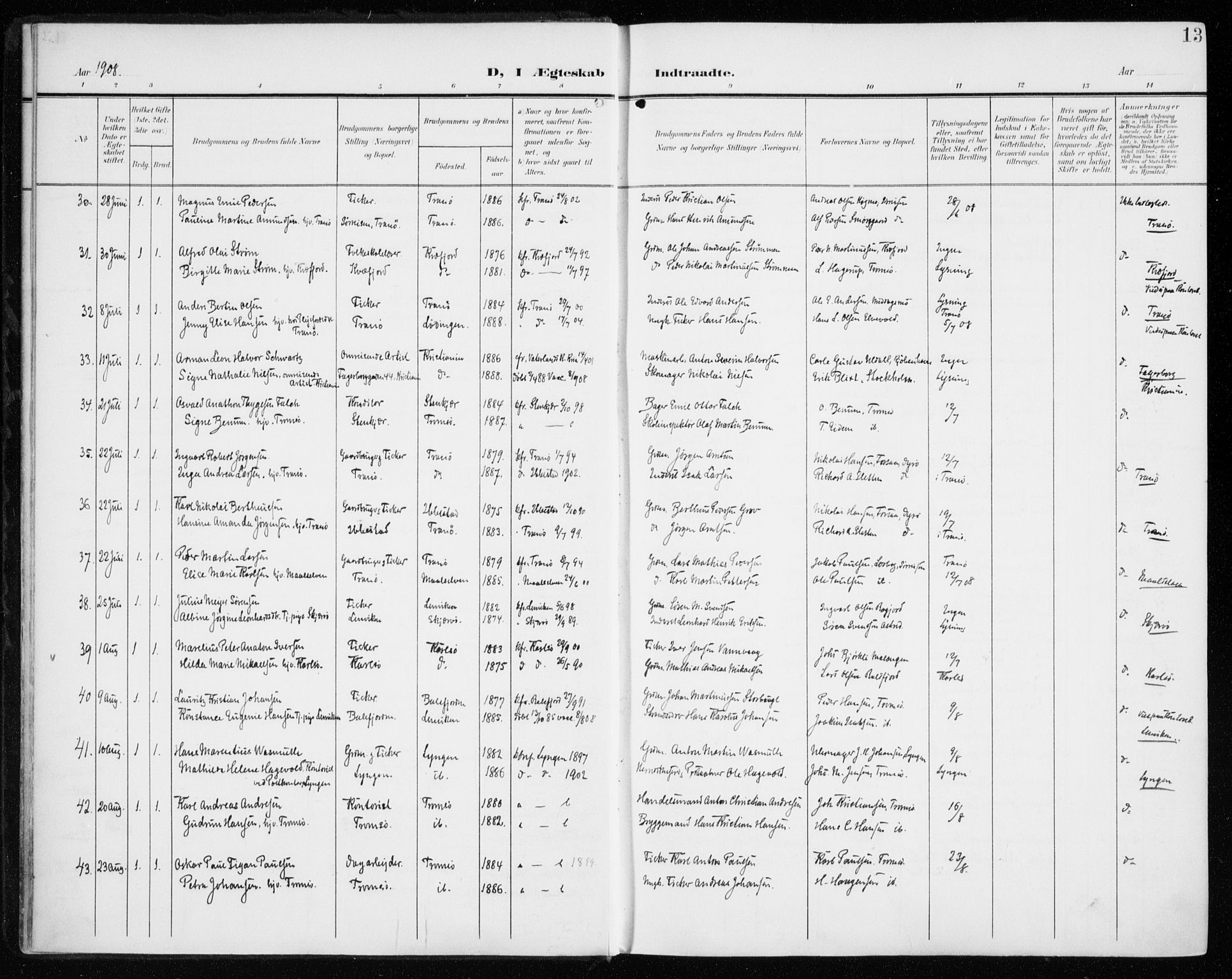 Tromsø sokneprestkontor/stiftsprosti/domprosti, SATØ/S-1343/G/Ga/L0018kirke: Parish register (official) no. 18, 1907-1917, p. 13