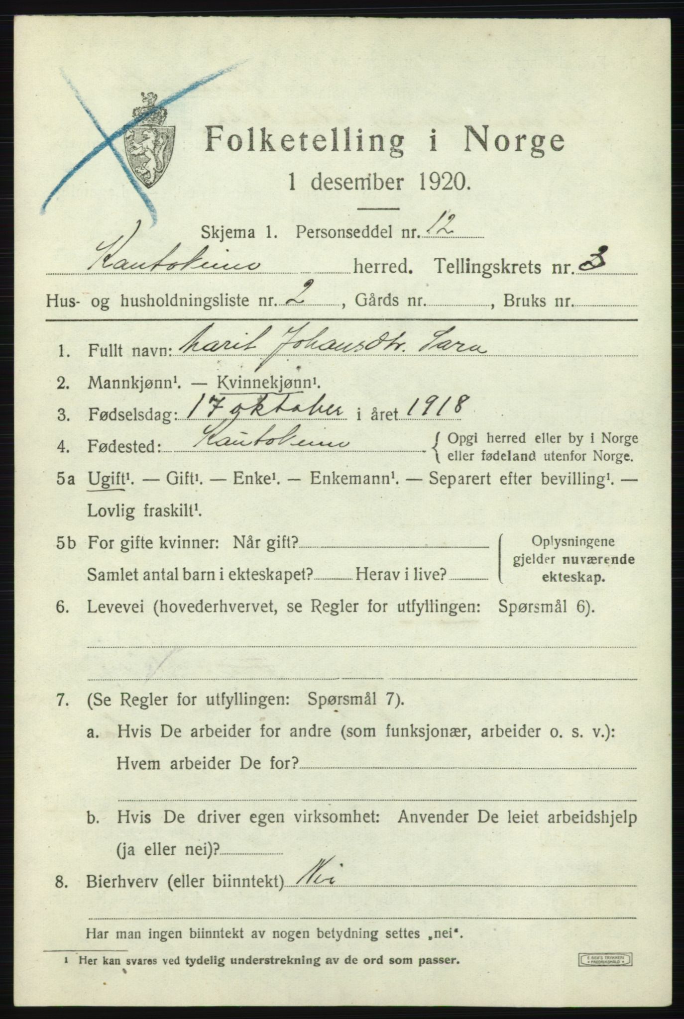 SATØ, 1920 census for Kautokeino, 1920, p. 1447