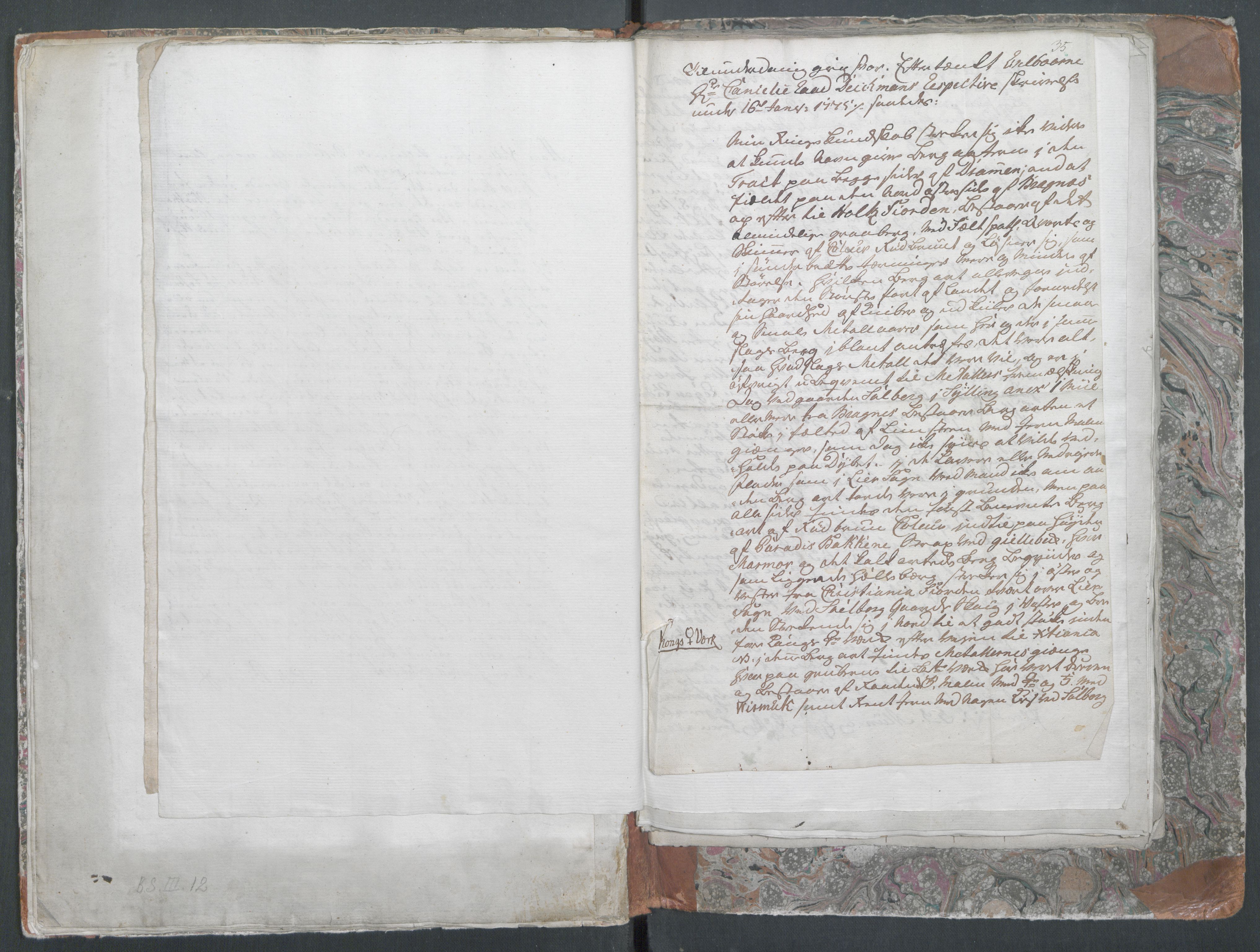 Brünnichs samling, AV/RA-PA-0171/F/L0097: Machesens Mineralogiske Beskrivelse over Biergene i Bradsbergamt med Dertil hørende Carte og Sex Tegninger af Prospecter, 1730-1739, p. 34-35
