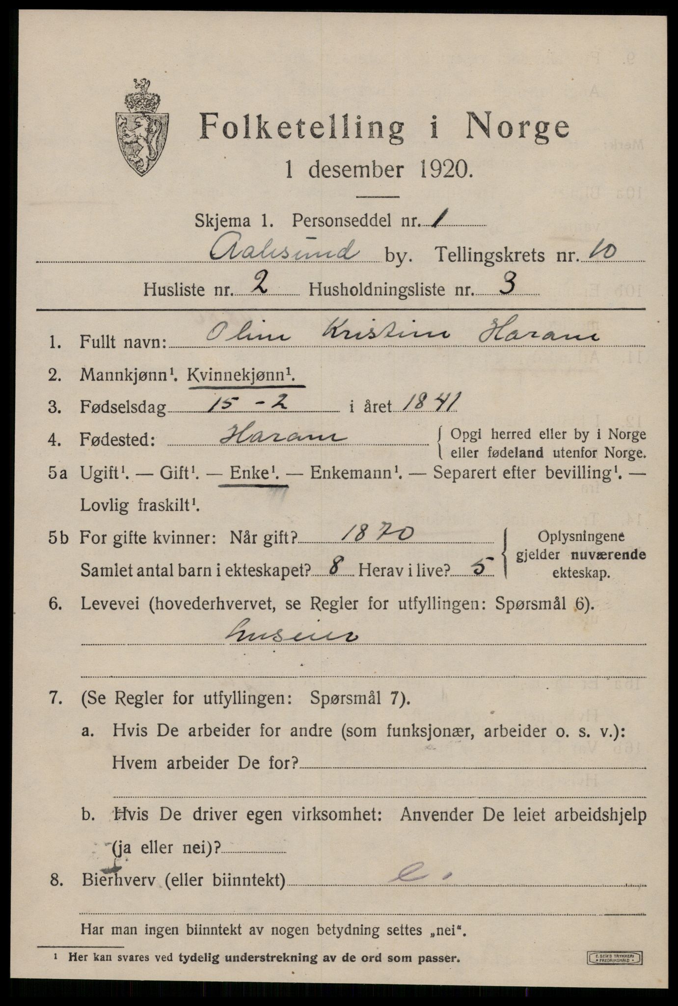 SAT, 1920 census for Ålesund, 1920, p. 23864