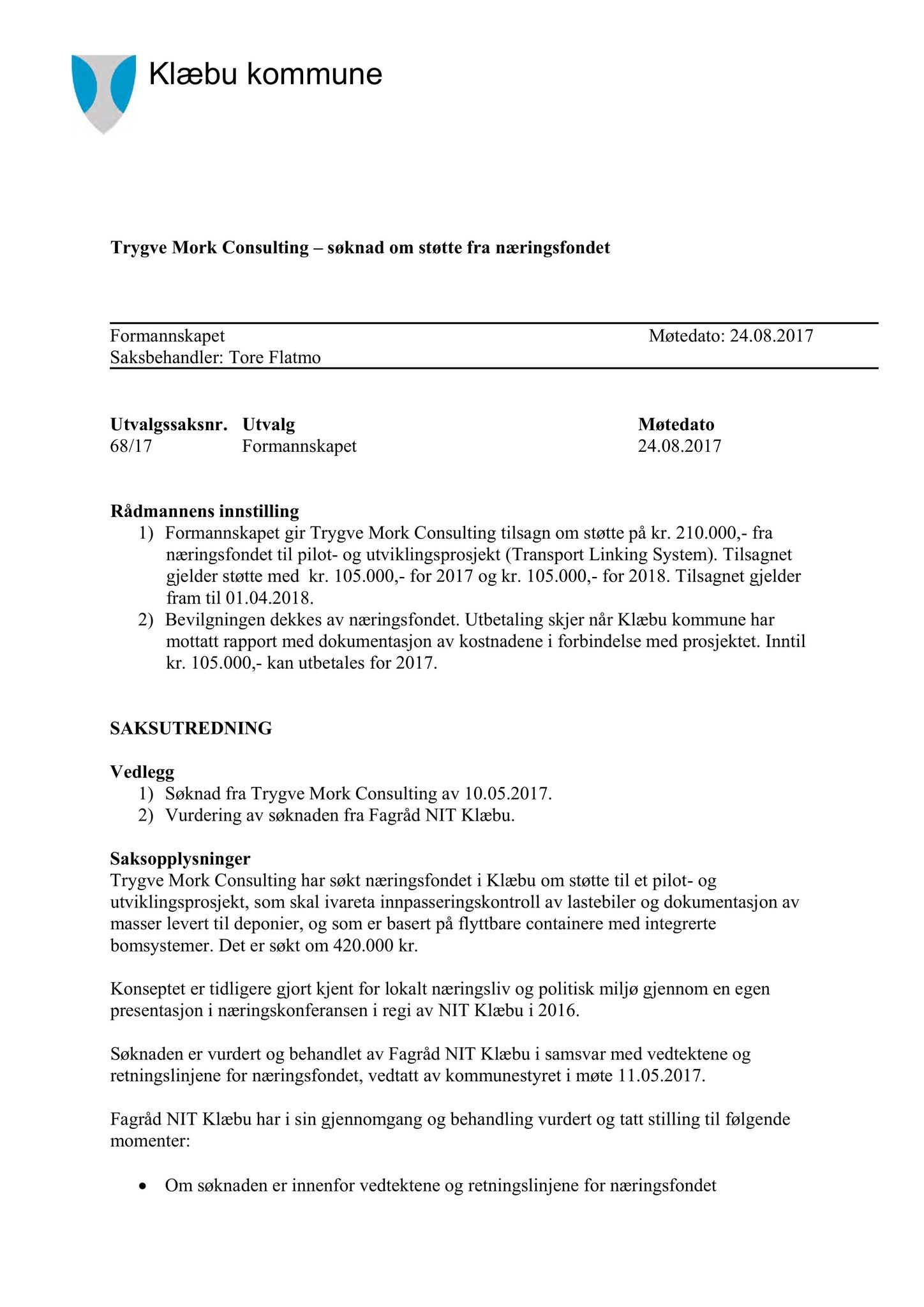 Klæbu Kommune, TRKO/KK/02-FS/L010: Formannsskapet - Møtedokumenter, 2017, p. 2010