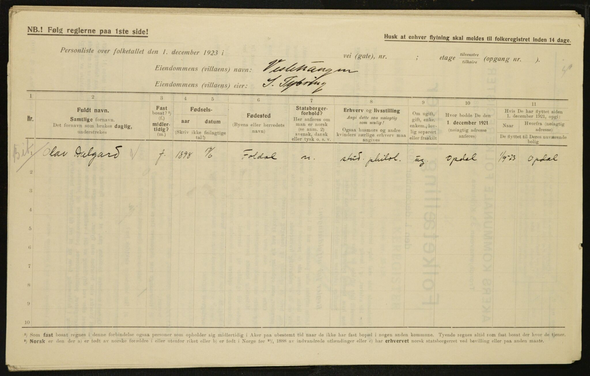 , Municipal Census 1923 for Aker, 1923, p. 13