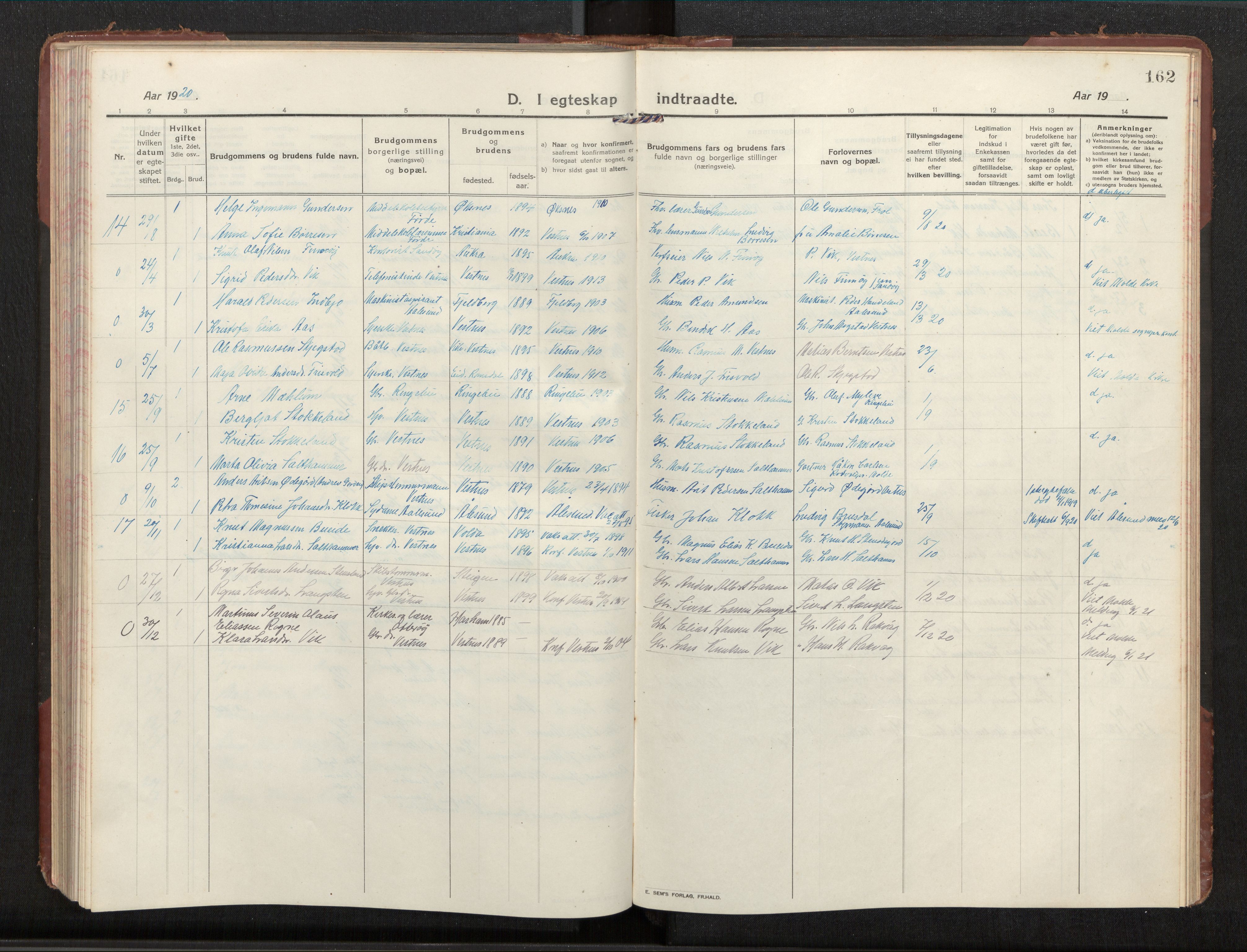 Ministerialprotokoller, klokkerbøker og fødselsregistre - Møre og Romsdal, SAT/A-1454/539/L0536a: Parish register (copy) no. 539C03, 1912-1936, p. 162