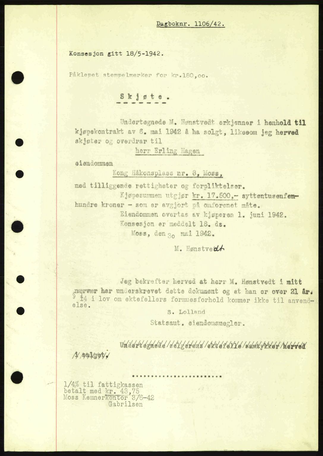 Moss sorenskriveri, SAO/A-10168: Mortgage book no. A9, 1941-1942, Diary no: : 1106/1942