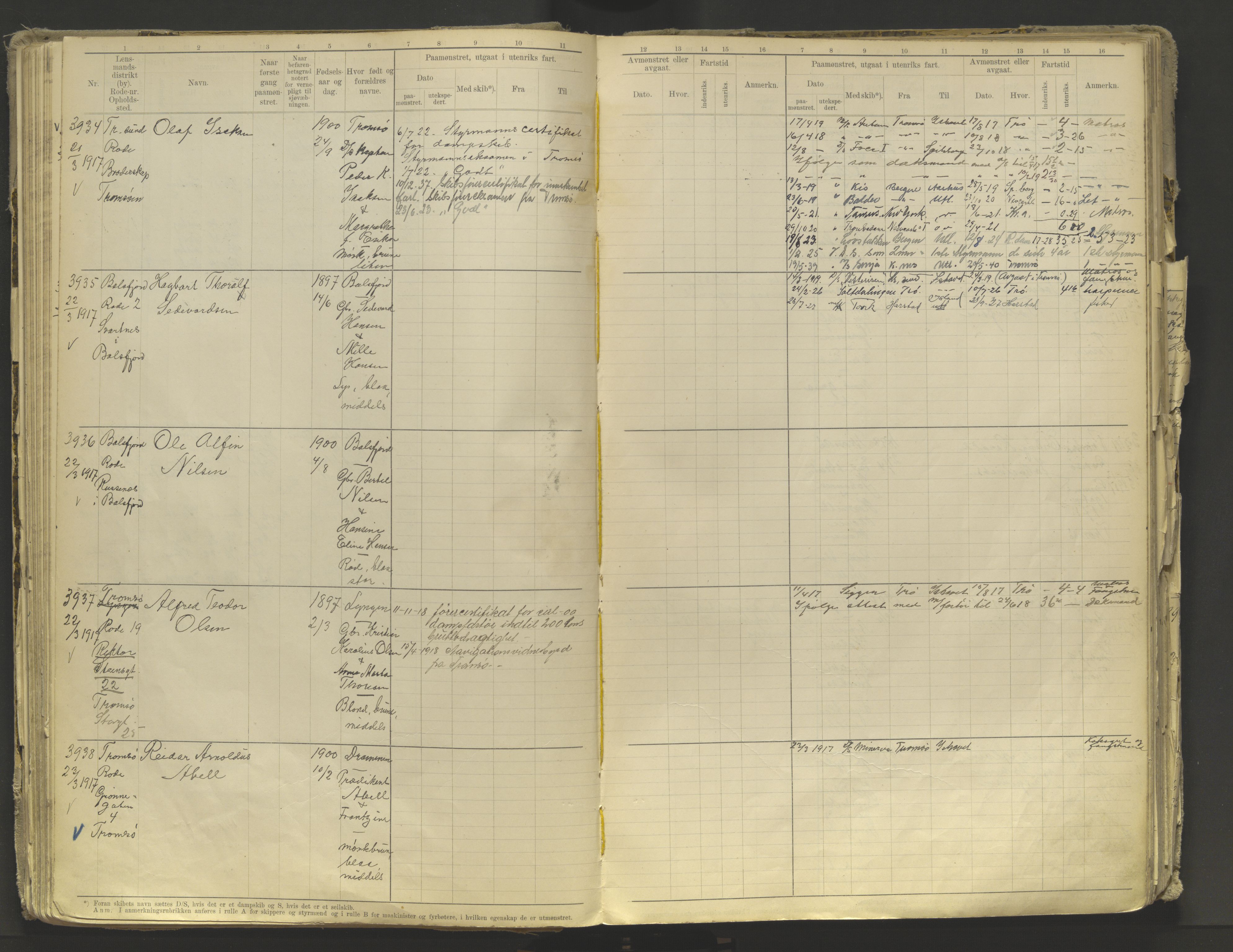 Tromsø sjømannskontor/innrullerings-/mønstringsdistrikt, AV/SATØ-S-0243/F/Fb/L0010: Annotasjonsrulle. Defekt: løs innbinding. Nr. 3519-4972, 1916-1920