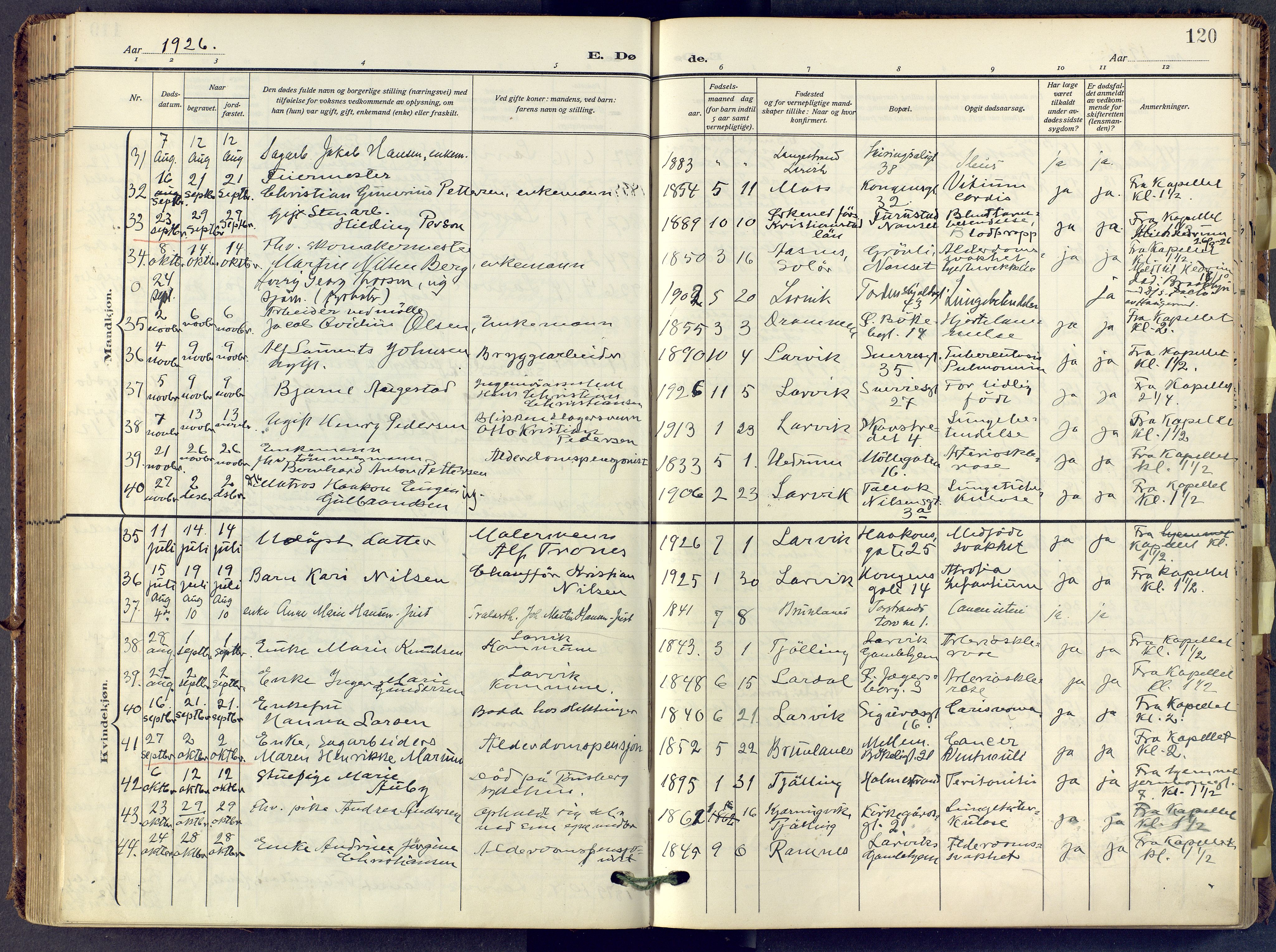 Larvik kirkebøker, SAKO/A-352/F/Fa/L0013: Parish register (official) no. I 13, 1910-1960, p. 120