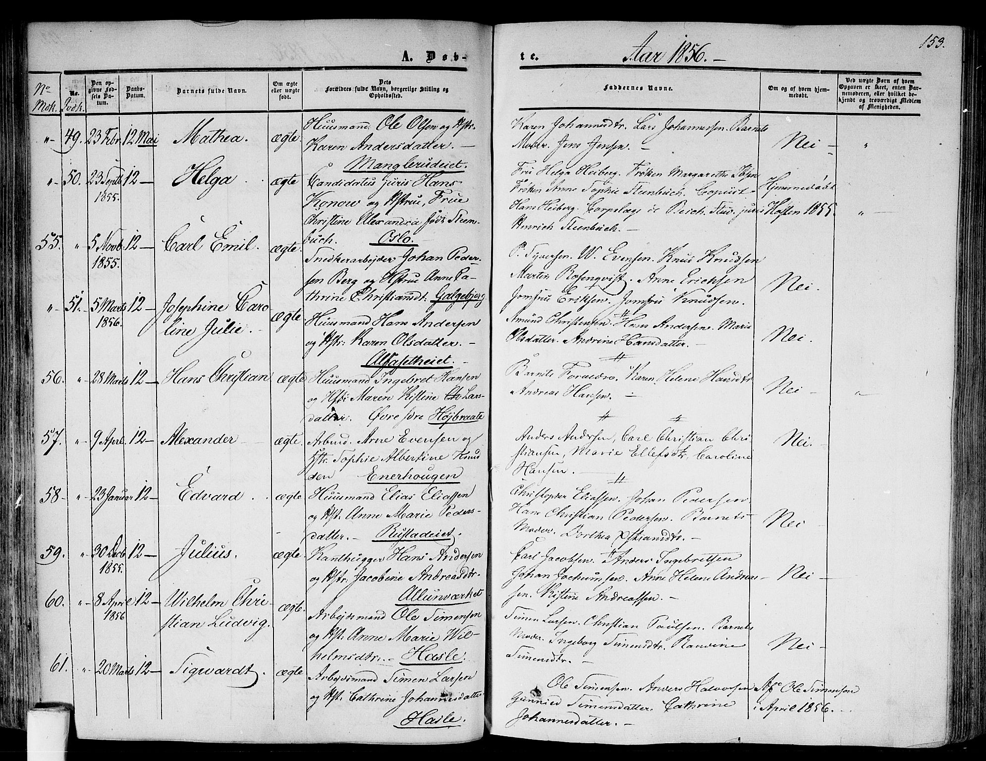 Gamlebyen prestekontor Kirkebøker, SAO/A-10884/F/Fa/L0004: Parish register (official) no. 4, 1850-1857, p. 153