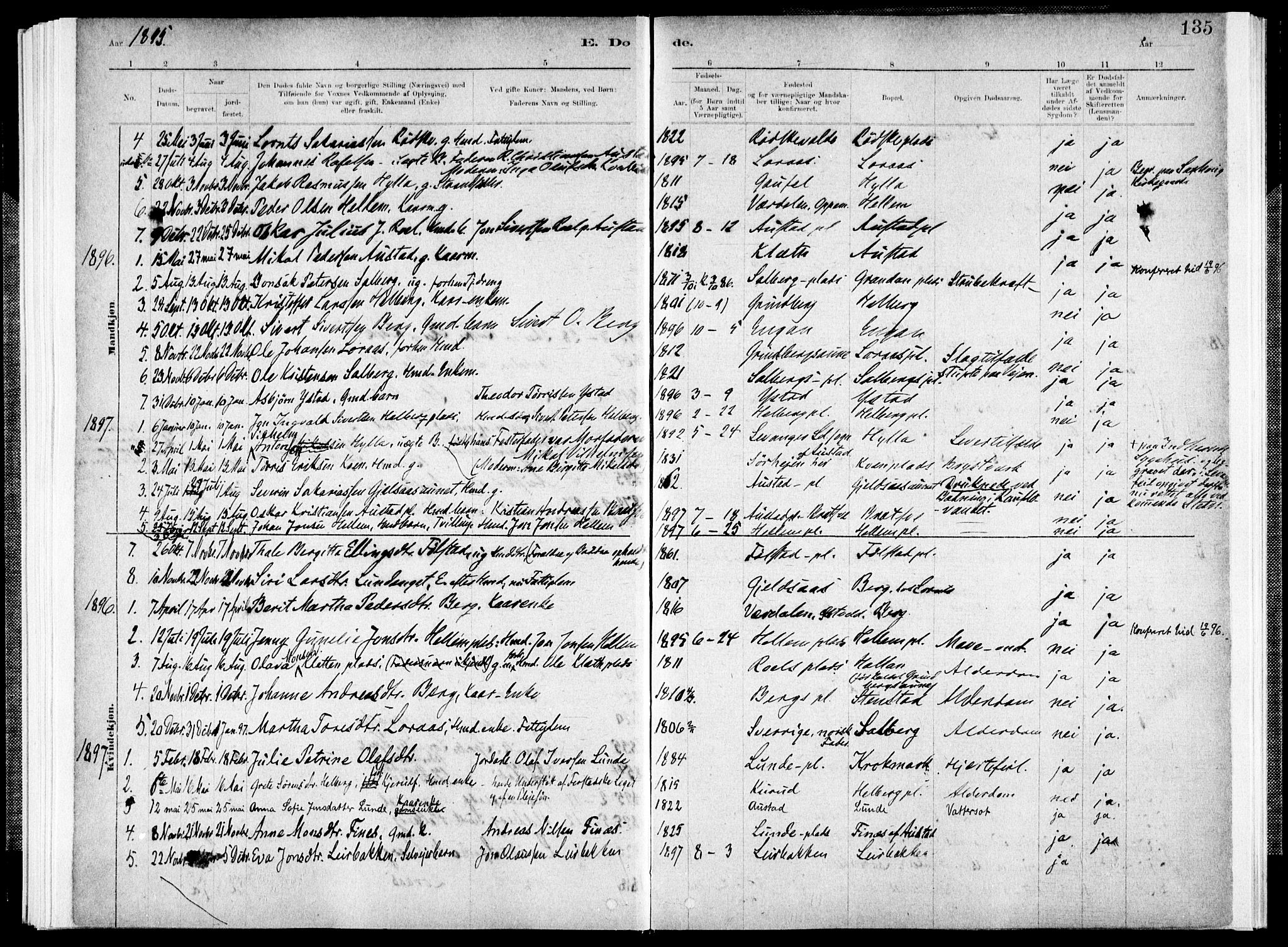 Ministerialprotokoller, klokkerbøker og fødselsregistre - Nord-Trøndelag, SAT/A-1458/731/L0309: Parish register (official) no. 731A01, 1879-1918, p. 135