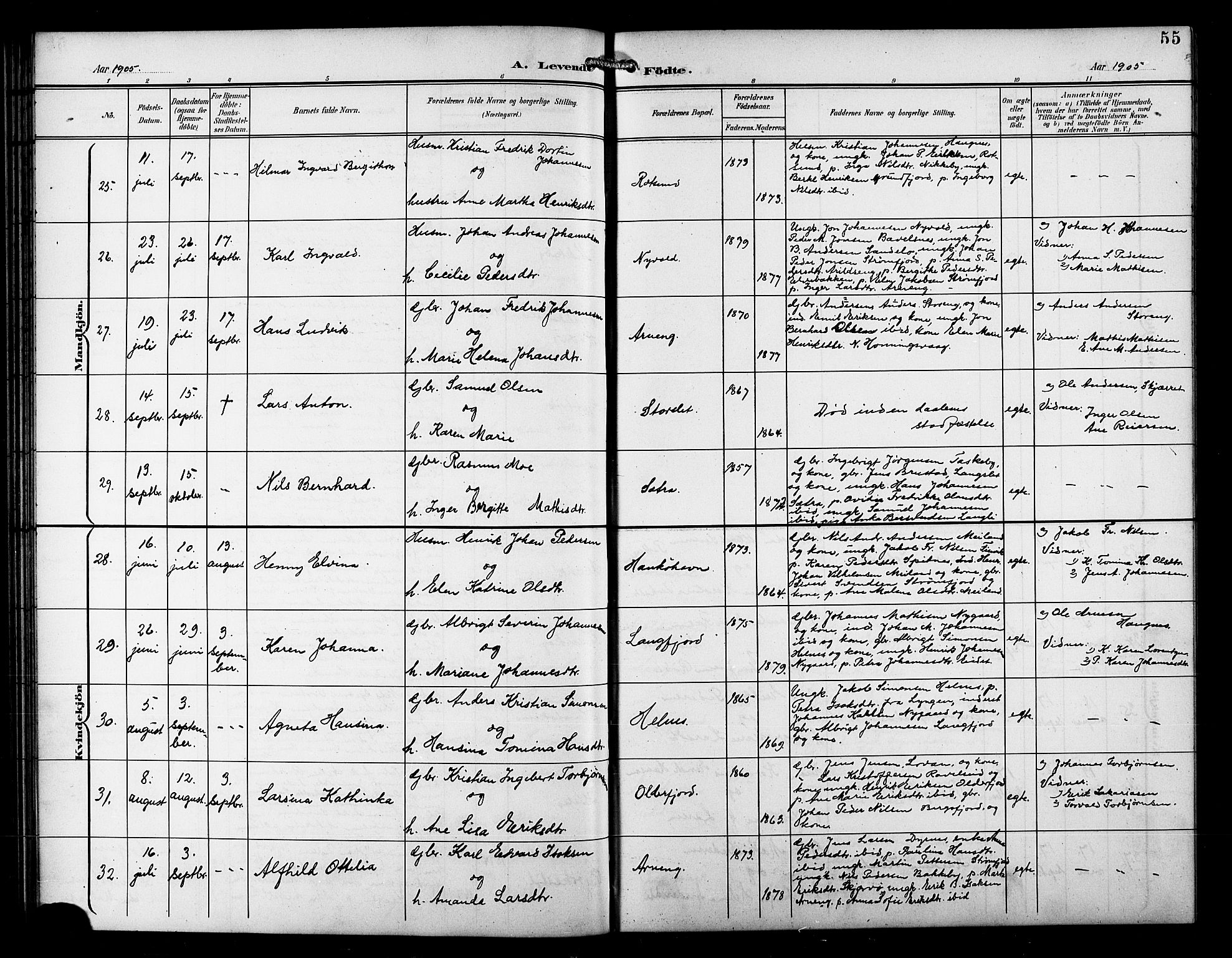 Skjervøy sokneprestkontor, AV/SATØ-S-1300/H/Ha/Hab/L0008klokker: Parish register (copy) no. 8, 1900-1910, p. 55