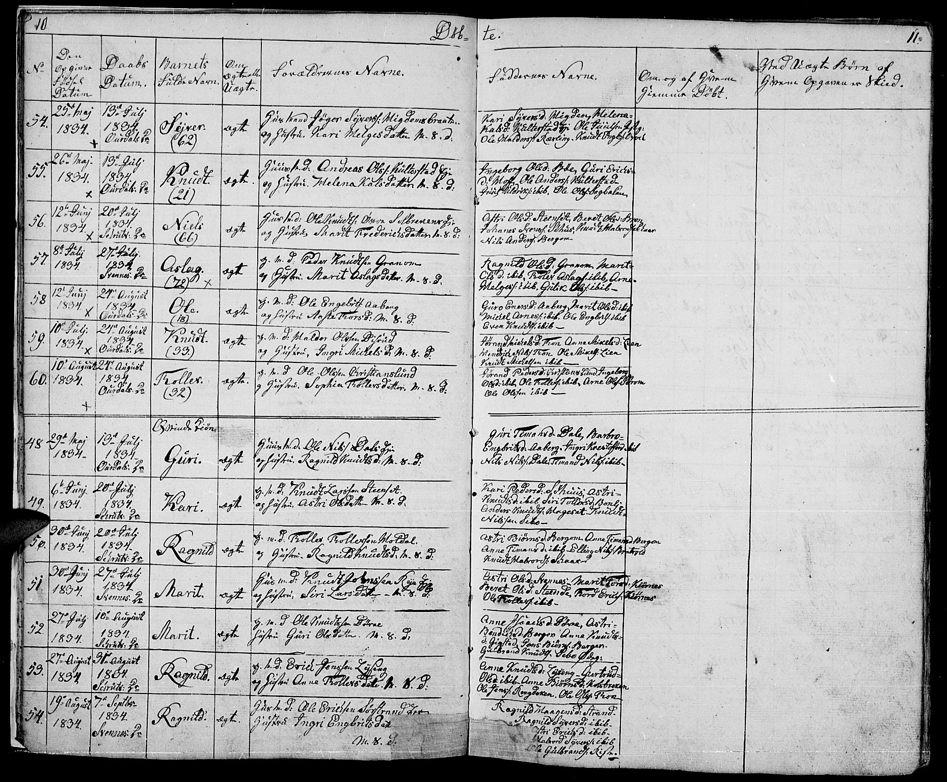 Nord-Aurdal prestekontor, AV/SAH-PREST-132/H/Ha/Hab/L0001: Parish register (copy) no. 1, 1834-1887, p. 10-11