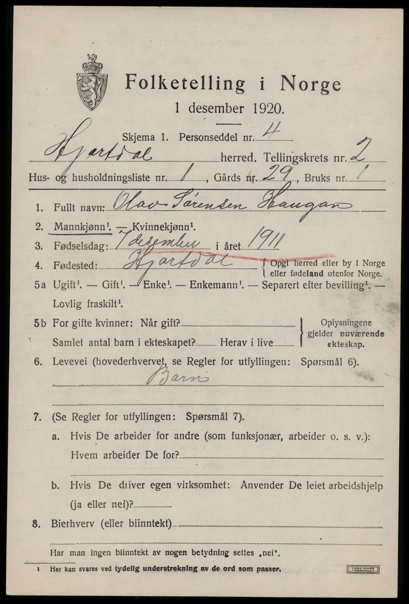 SAKO, 1920 census for Hjartdal, 1920, p. 1836