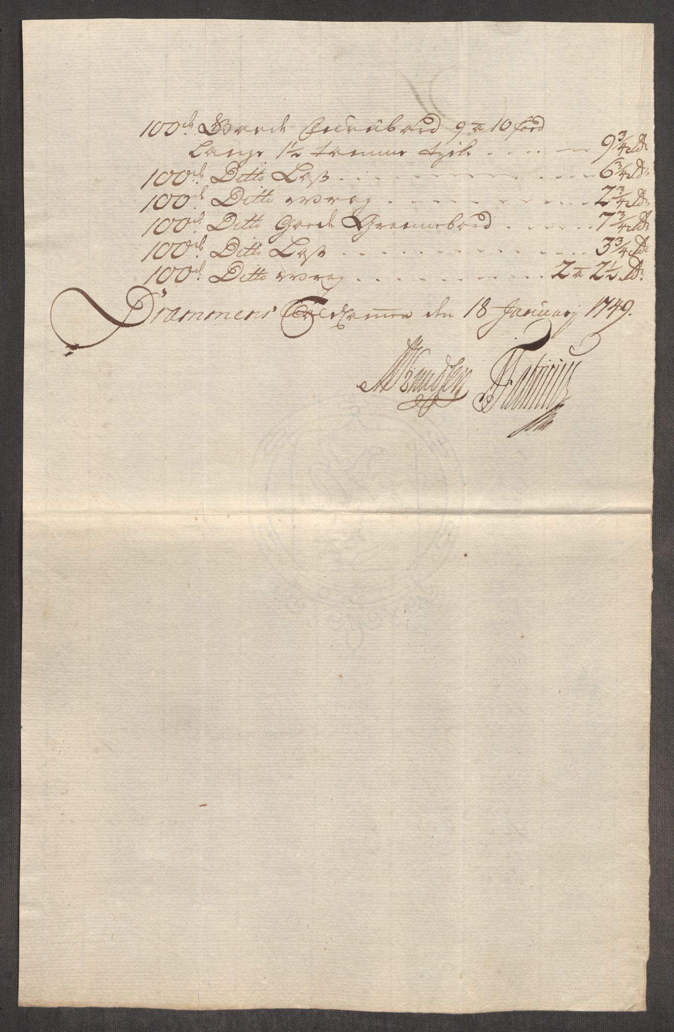 Rentekammeret inntil 1814, Realistisk ordnet avdeling, RA/EA-4070/Oe/L0004: [Ø1]: Priskuranter, 1749-1752, p. 49