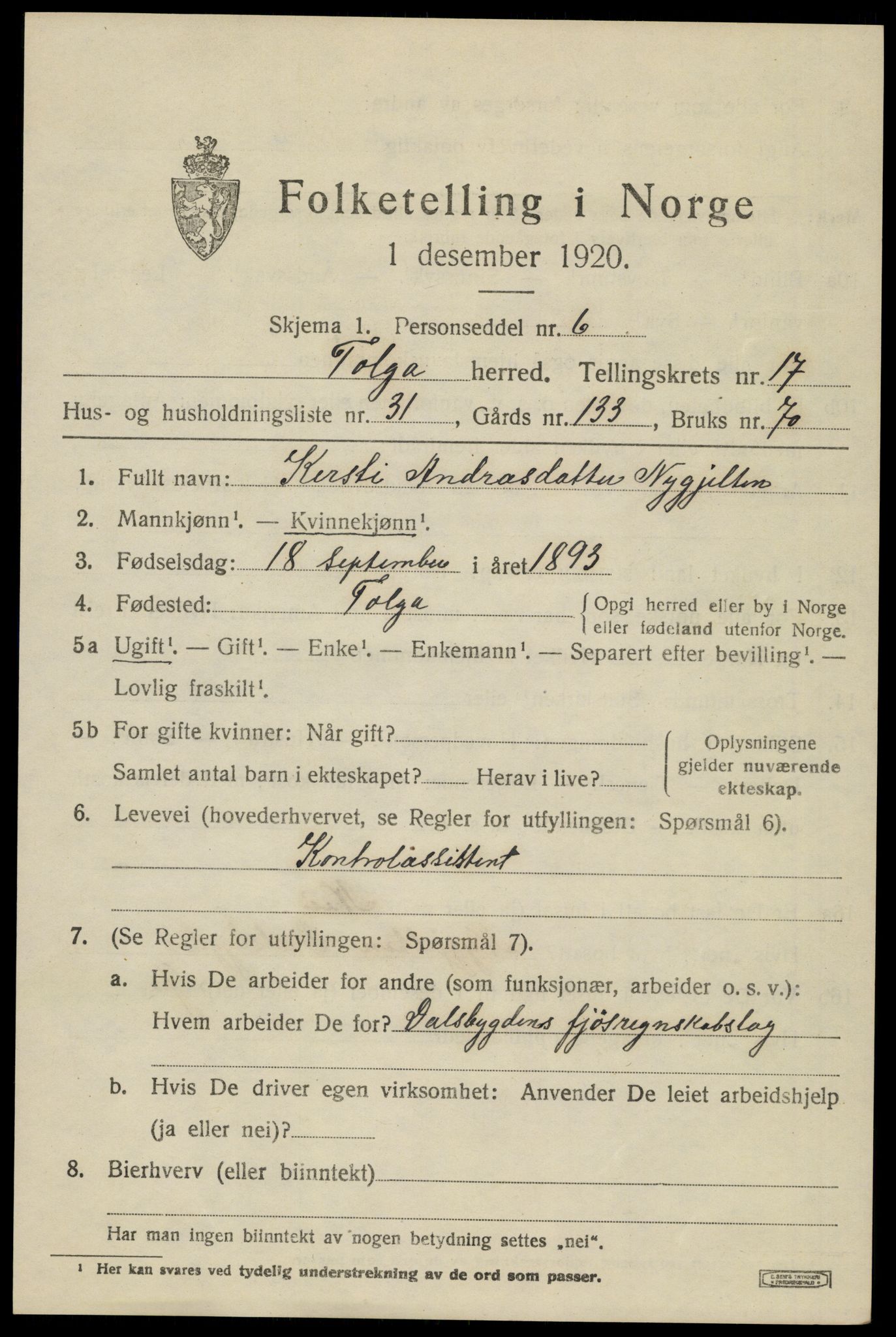 SAH, 1920 census for Tolga, 1920, p. 8143