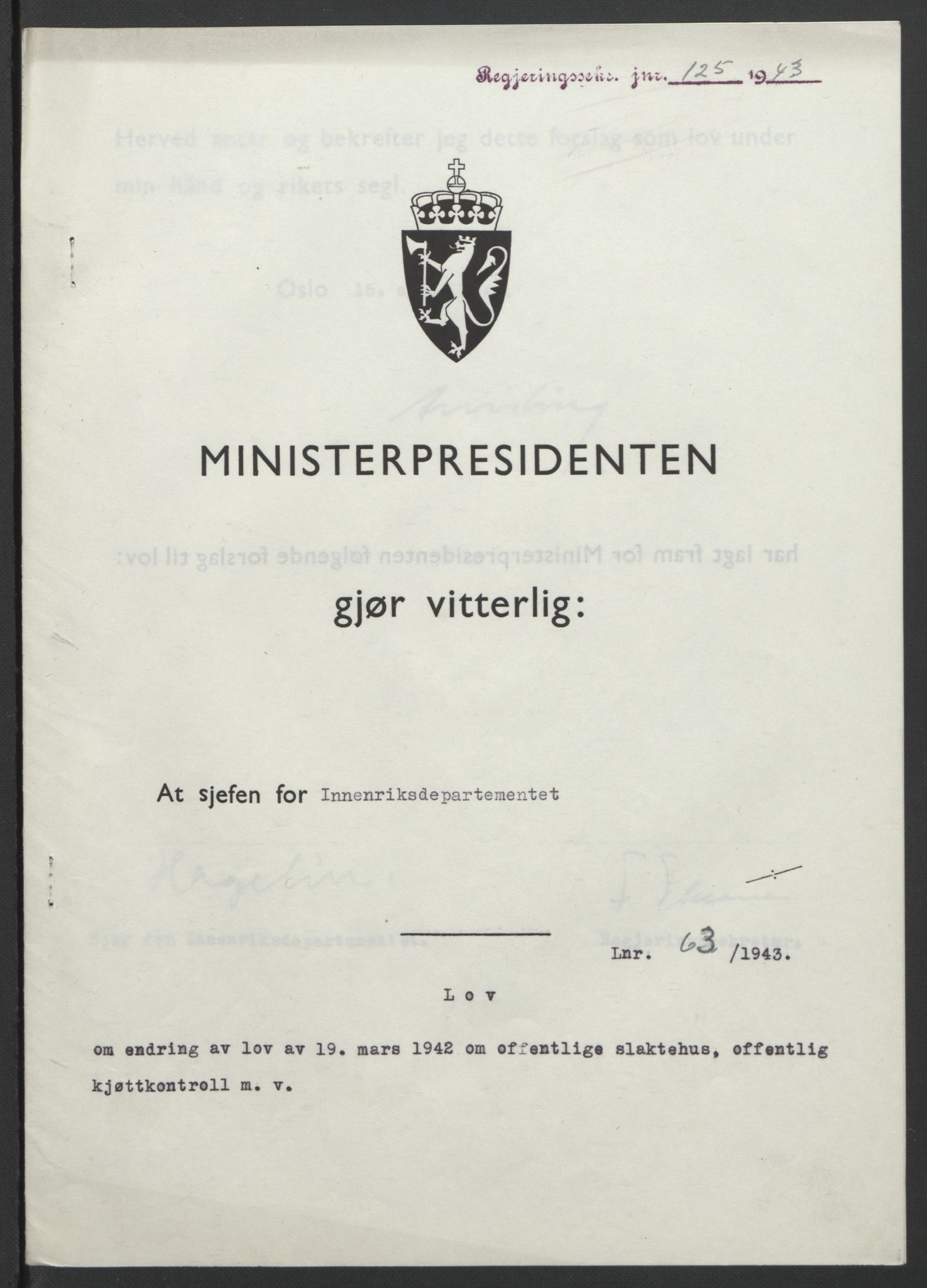 NS-administrasjonen 1940-1945 (Statsrådsekretariatet, de kommisariske statsråder mm), RA/S-4279/D/Db/L0099: Lover, 1943, p. 293