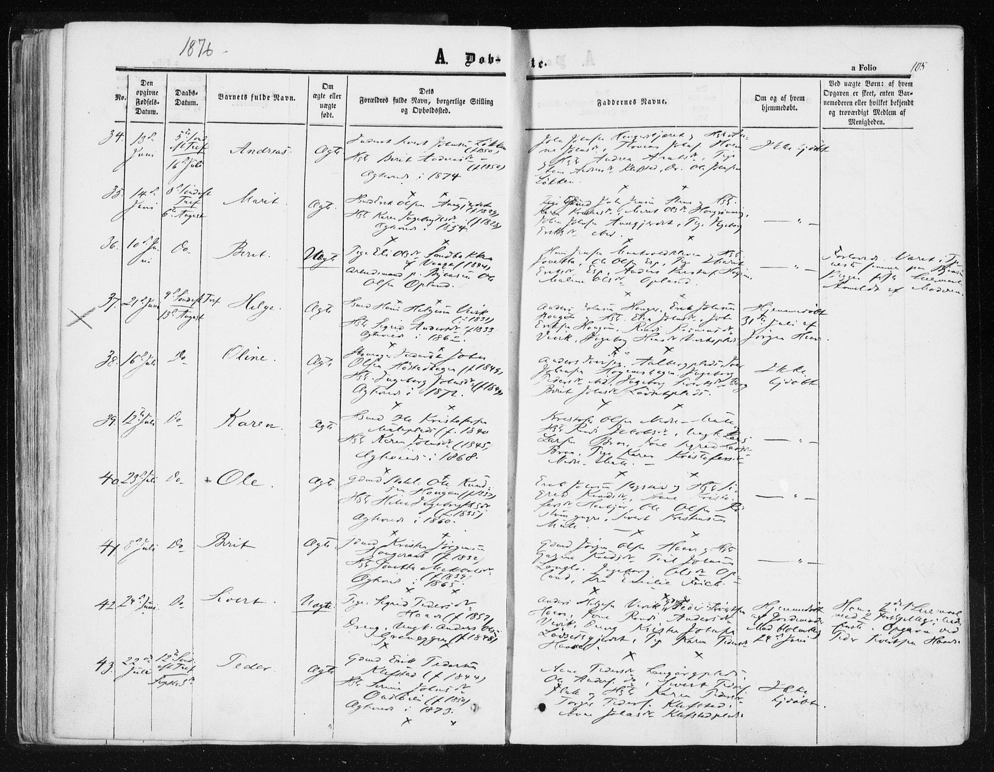 Ministerialprotokoller, klokkerbøker og fødselsregistre - Sør-Trøndelag, AV/SAT-A-1456/612/L0377: Parish register (official) no. 612A09, 1859-1877, p. 105