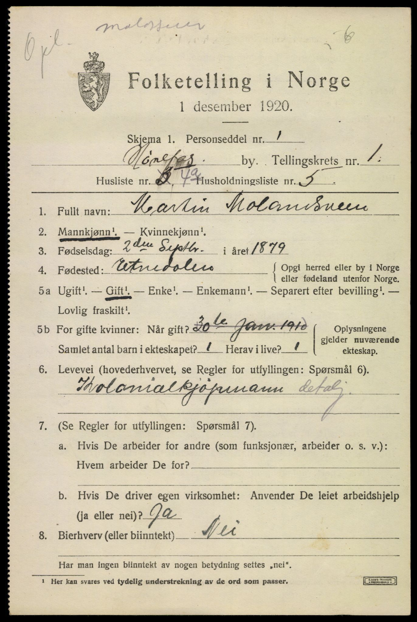 SAKO, 1920 census for Hønefoss, 1920, p. 2440