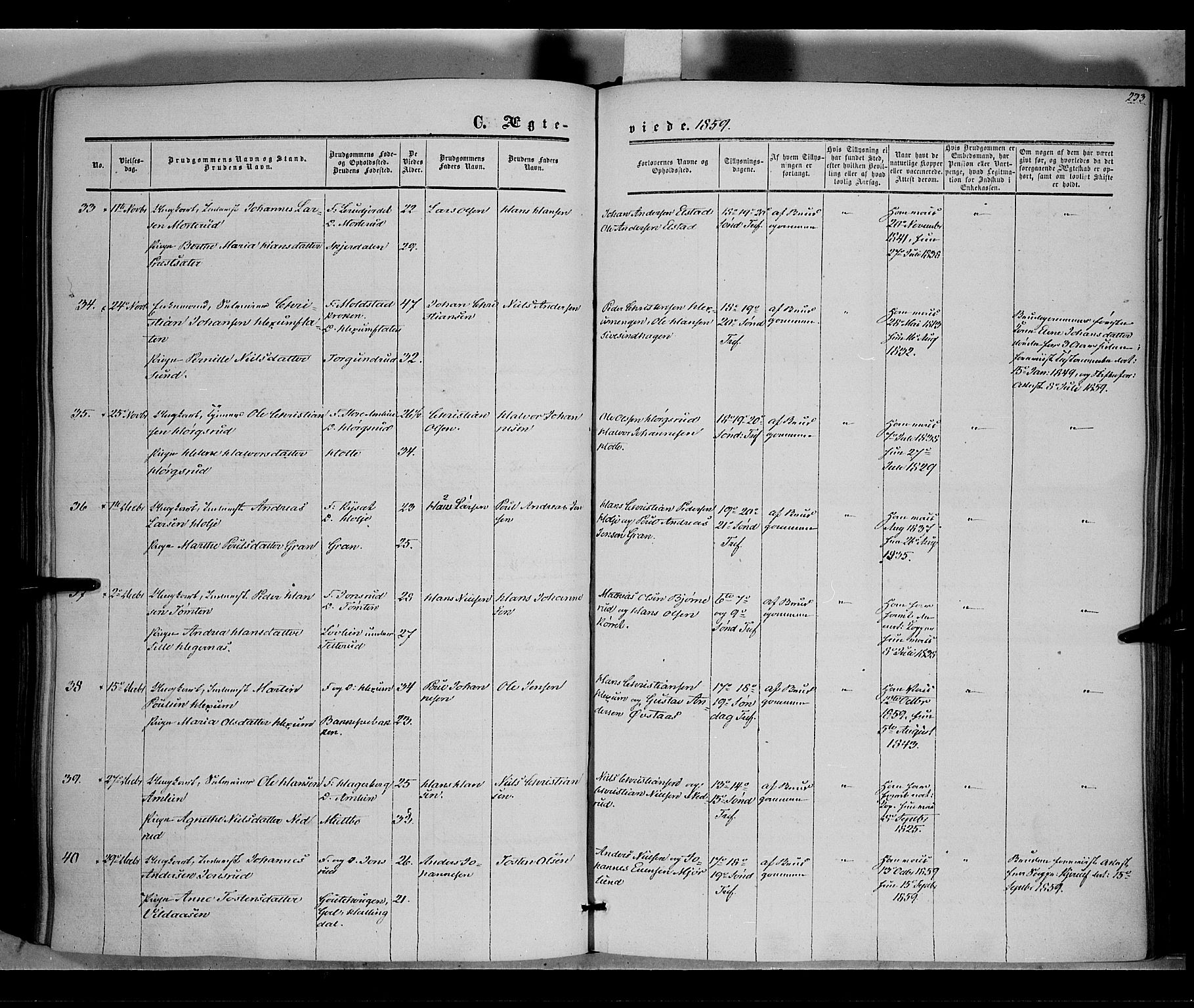 Vestre Toten prestekontor, SAH/PREST-108/H/Ha/Haa/L0006: Parish register (official) no. 6, 1856-1861, p. 233