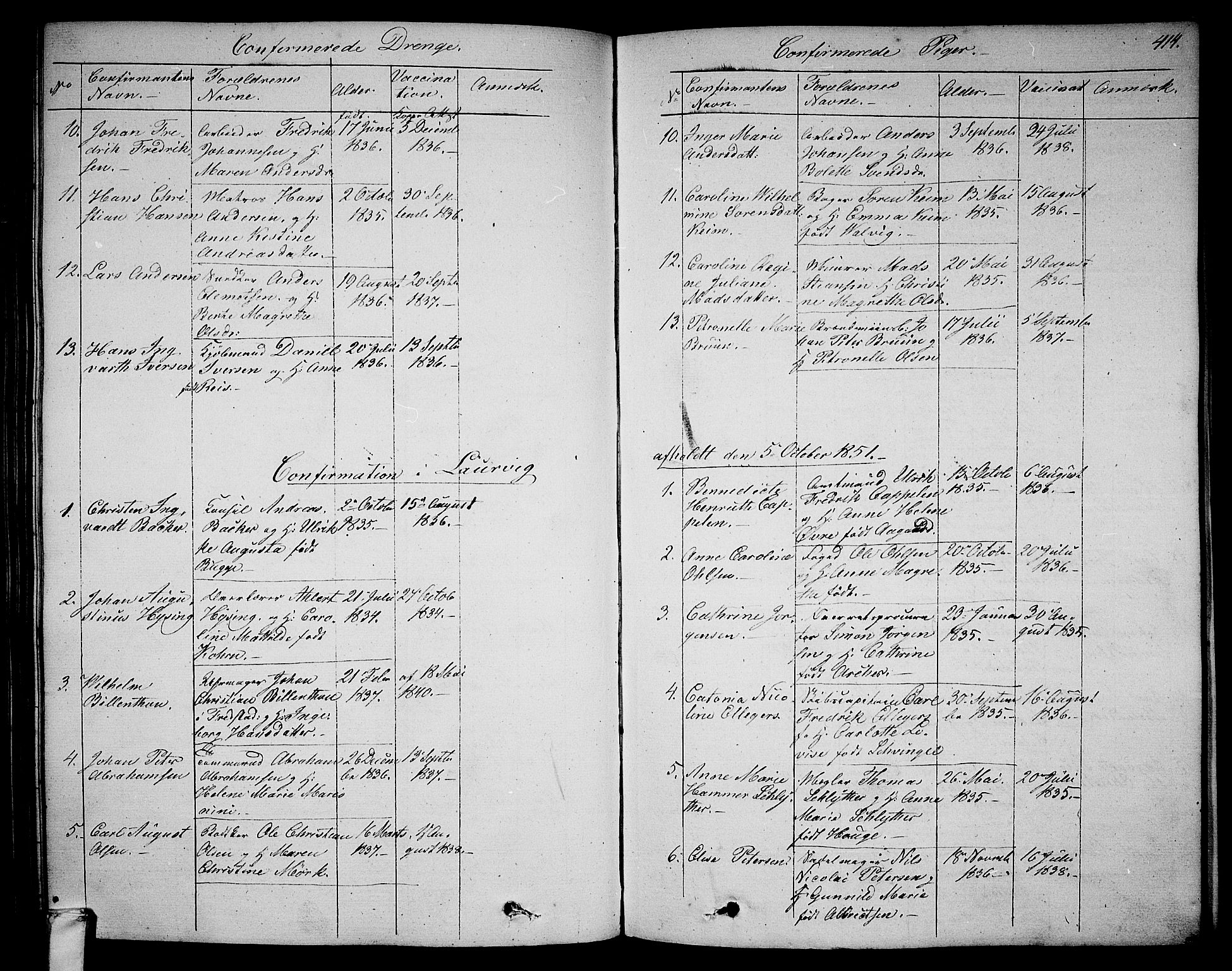 Larvik kirkebøker, AV/SAKO-A-352/G/Ga/L0003b: Parish register (copy) no. I 3B, 1830-1870, p. 414