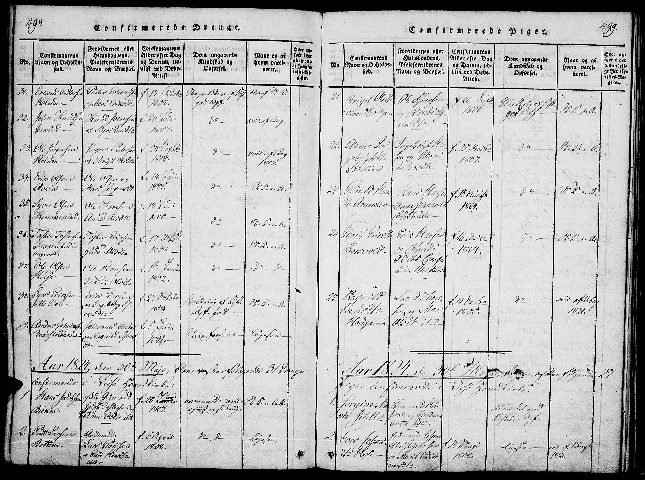Lesja prestekontor, SAH/PREST-068/H/Ha/Haa/L0004: Parish register (official) no. 4, 1820-1829, p. 498-499