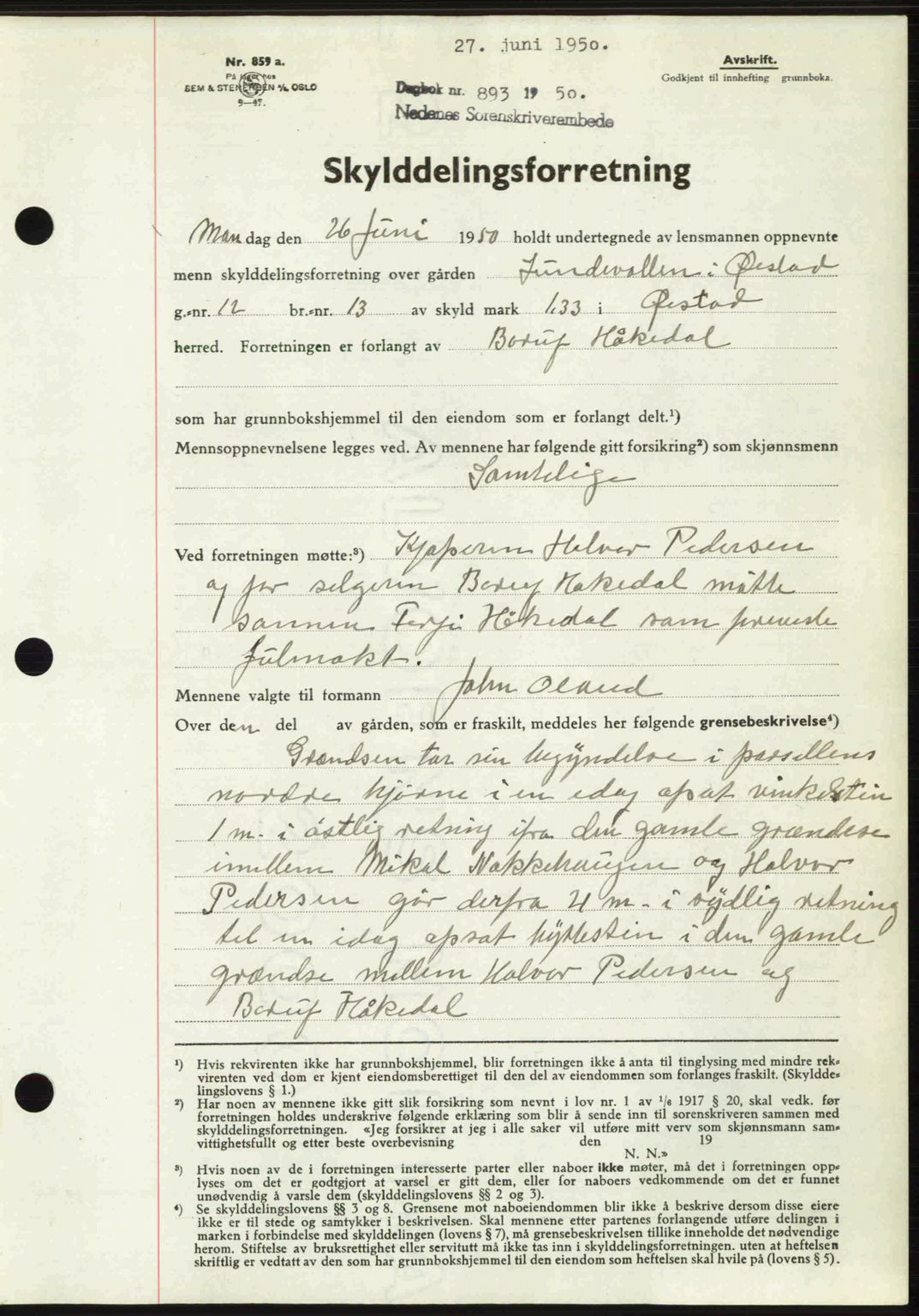 Nedenes sorenskriveri, AV/SAK-1221-0006/G/Gb/Gba/L0062: Mortgage book no. A14, 1949-1950, Diary no: : 893/1950