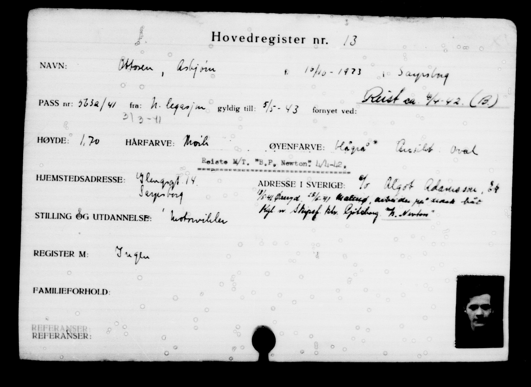 Den Kgl. Norske Legasjons Flyktningskontor, RA/S-6753/V/Va/L0001: Kjesäterkartoteket. Flyktningenr. 1-1000, 1940-1945, p. 18