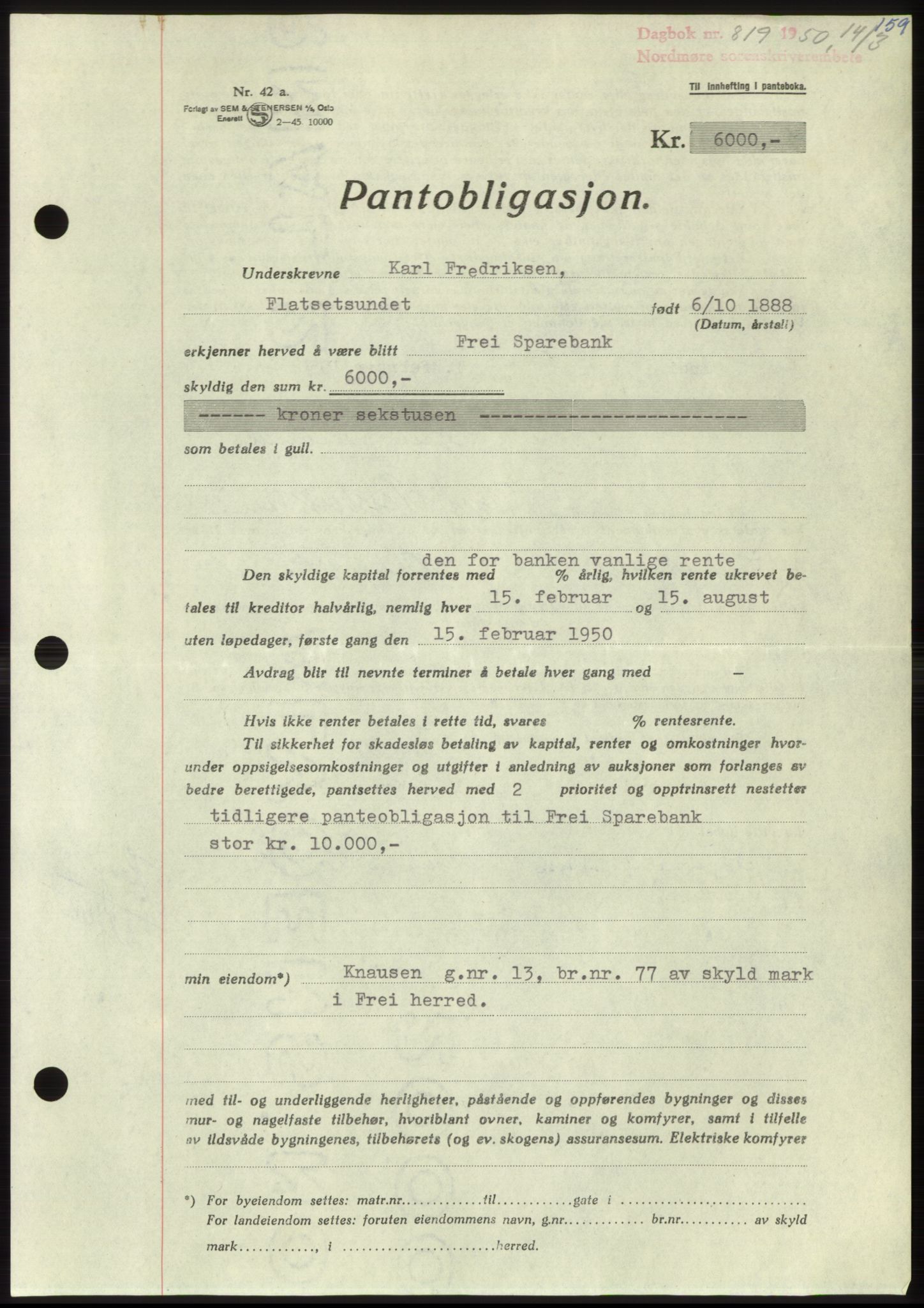 Nordmøre sorenskriveri, AV/SAT-A-4132/1/2/2Ca: Mortgage book no. B104, 1950-1950, Diary no: : 819/1950