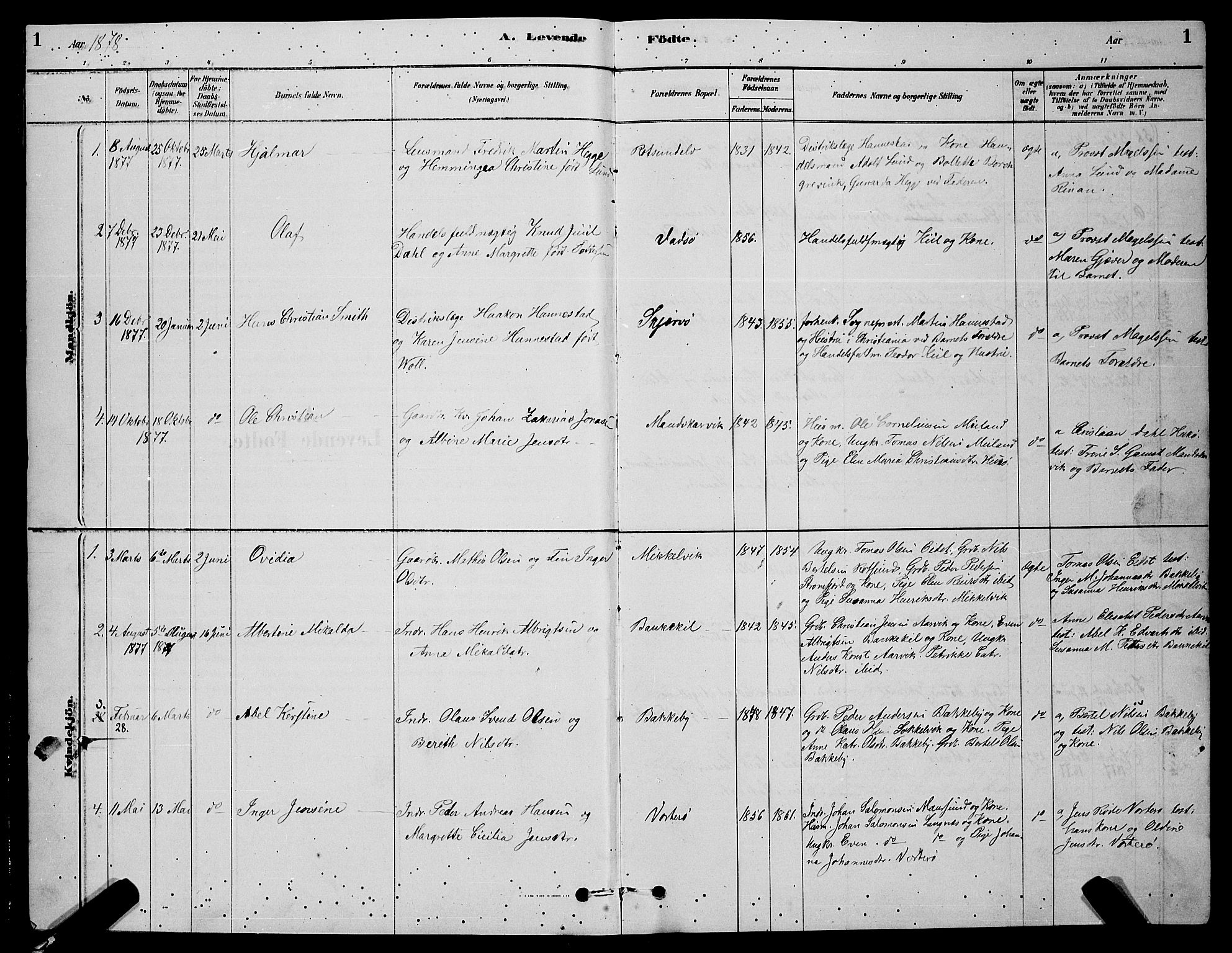 Skjervøy sokneprestkontor, AV/SATØ-S-1300/H/Ha/Hab/L0006klokker: Parish register (copy) no. 6, 1878-1888, p. 1